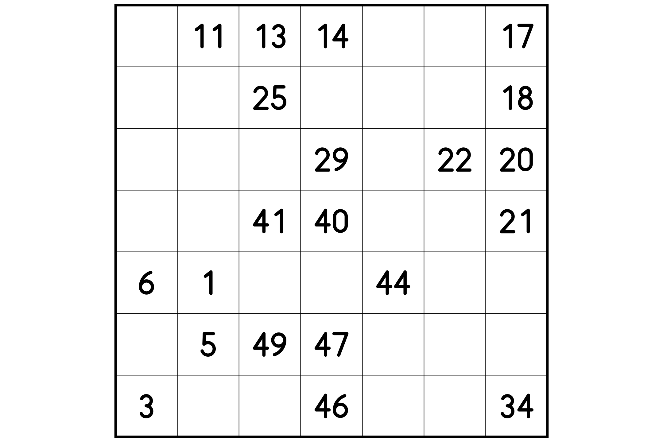 A large 7x7 Hidoku grid with given numbers spread between 1 and 49.