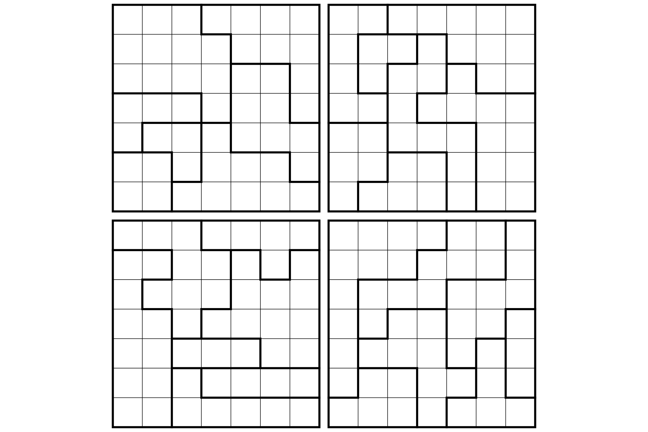A sheet of four 7x7 star battle grids divided into regions.