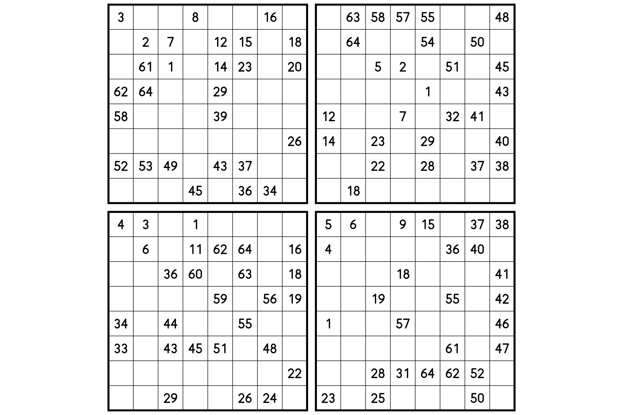 A sheet holding four compact 8x8 Hidoku grids, their given numbers scattered across the cells.