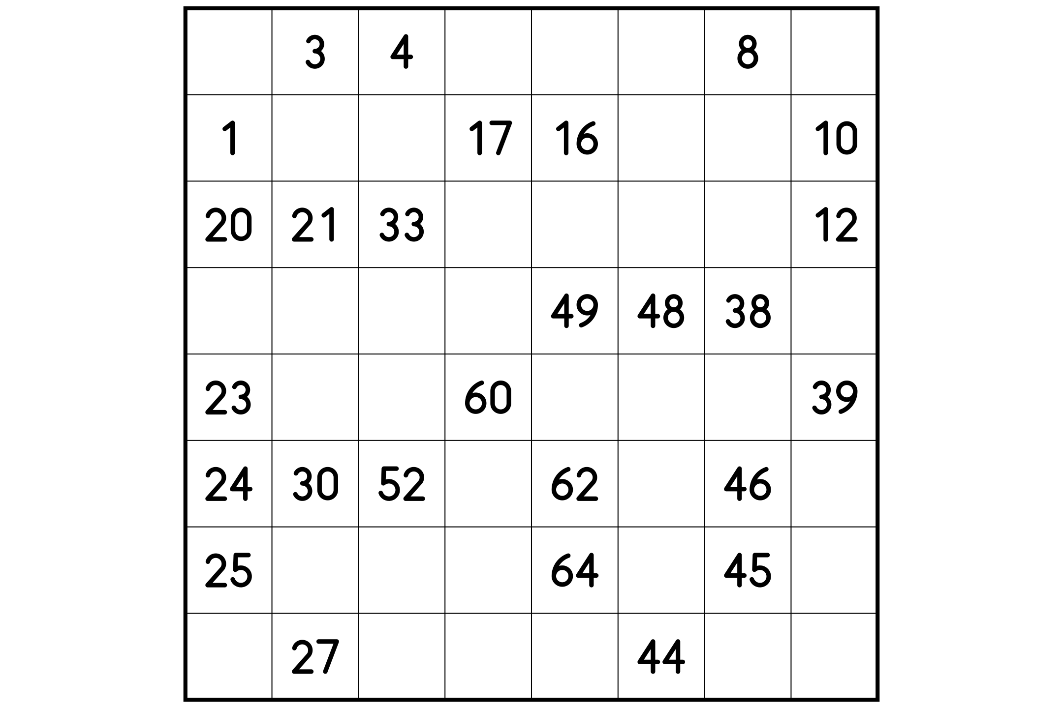 A large 8x8 Hidoku grid with given numbers between 1 and 64.