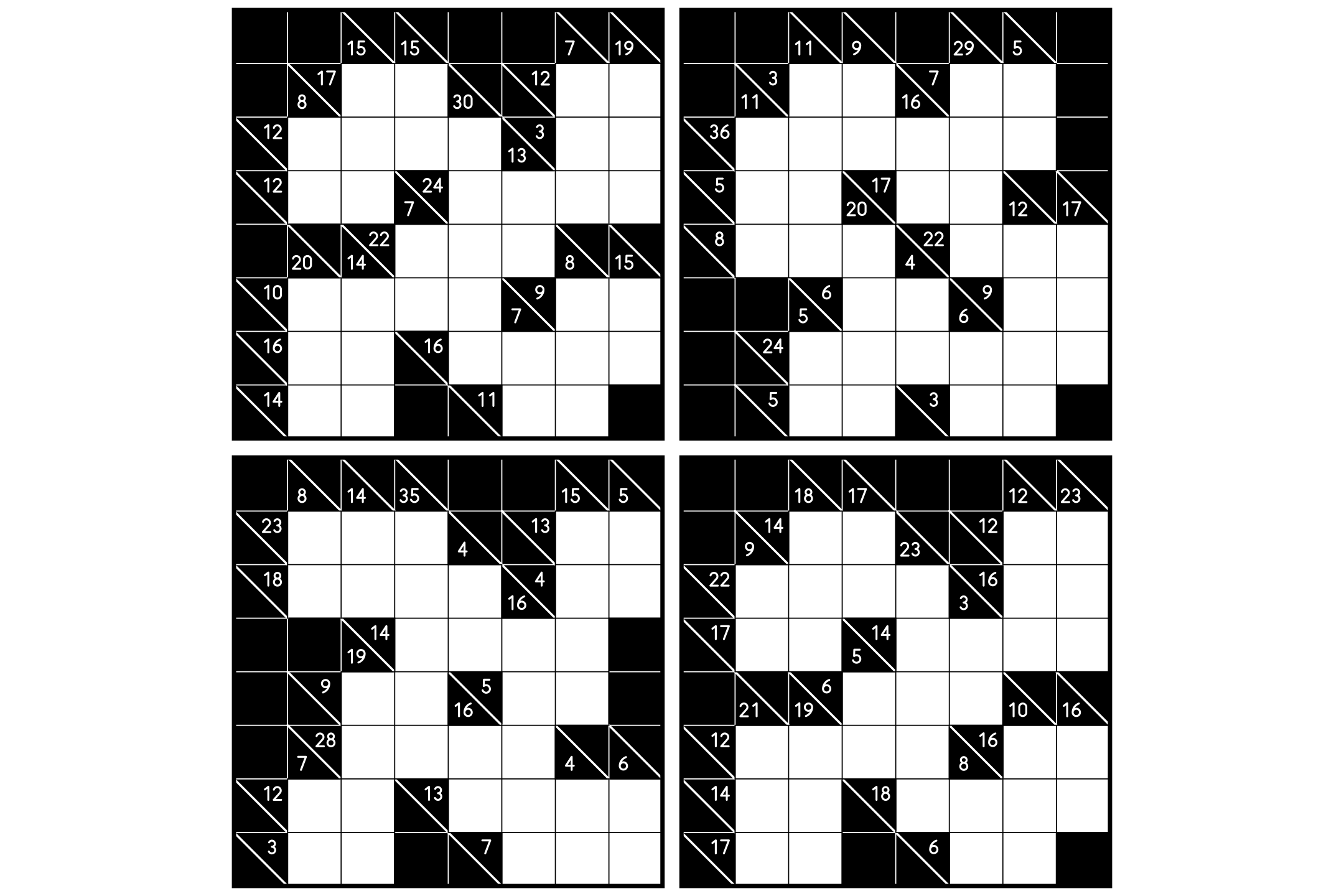 A sheet of four 8x8 kakuro grids with black clue cells and white diagonals.