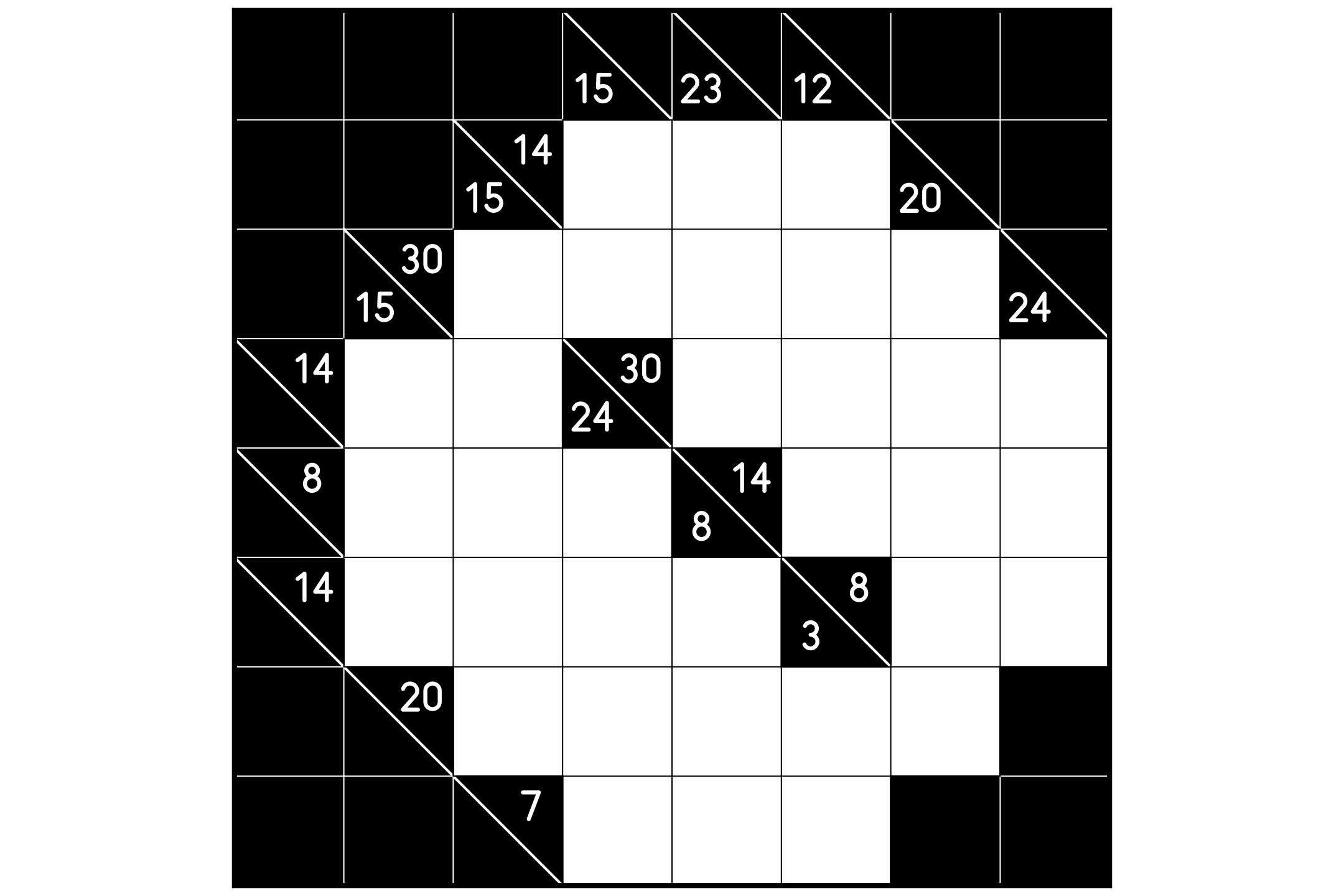 An 8x8 kakuro grid of white runs and black clue cells with white diagonals.