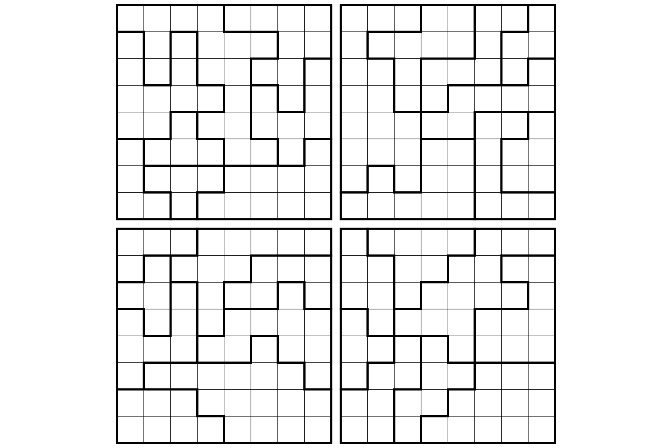A sheet of four 8x8 star battle grids with eight regions each.
