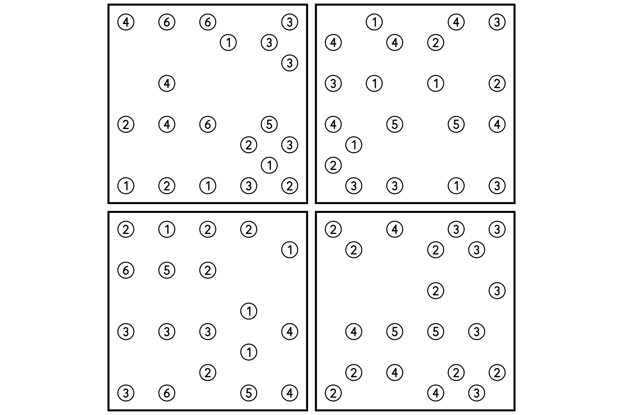 A sheet of four framed 9x9 hashi puzzles with about twenty islands each.