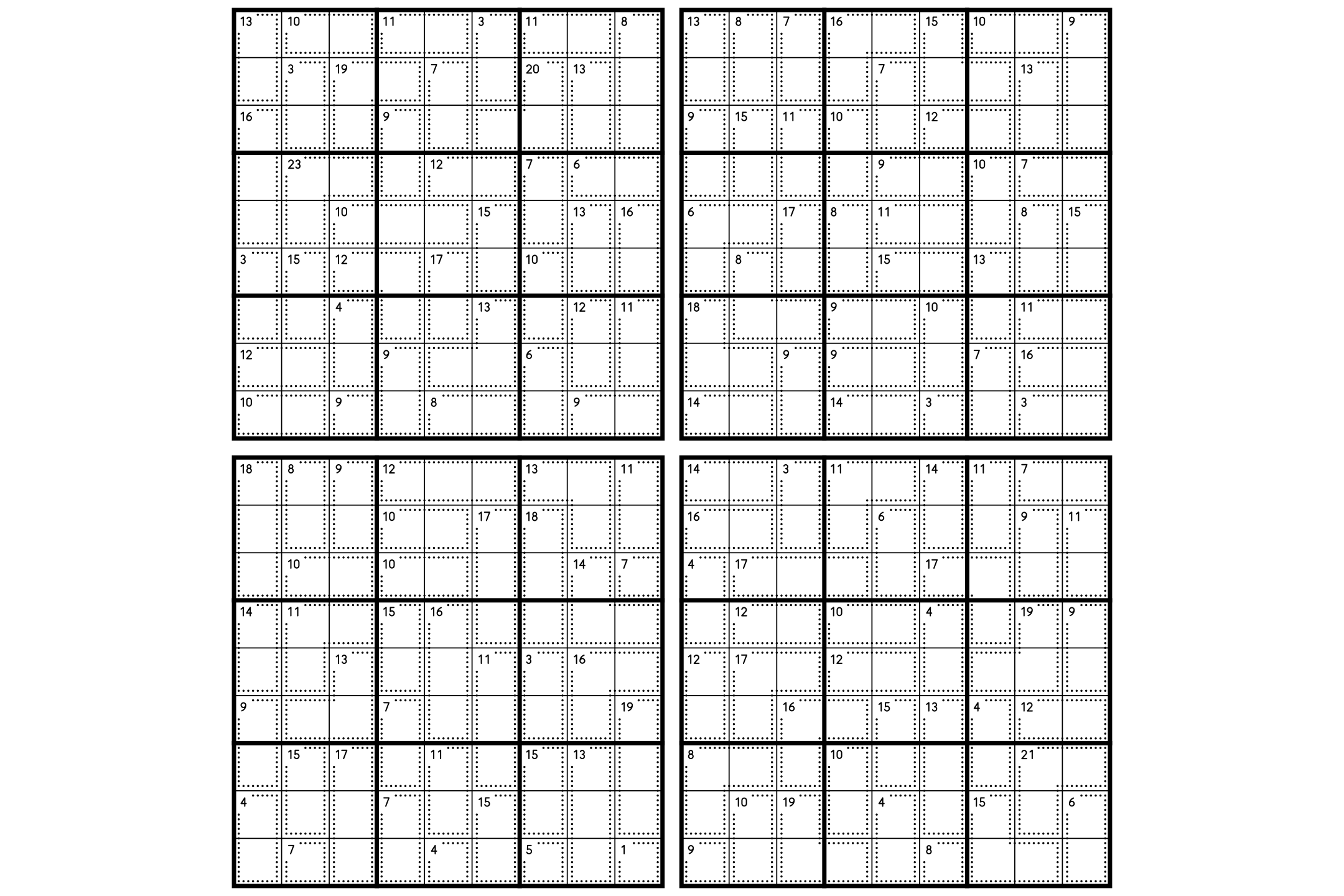 A sheet of four 9x9 killer sudoku grids with dotted cages and small sums, in black on white.