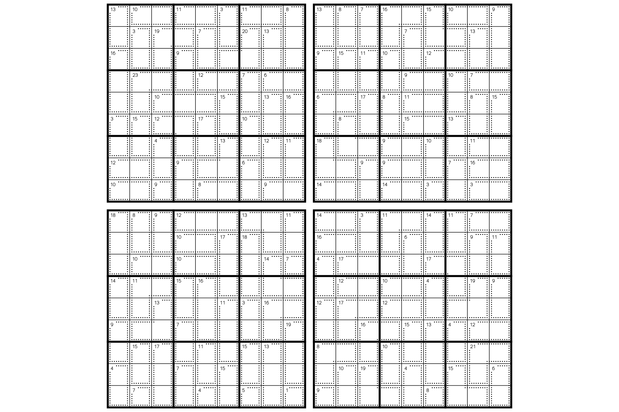 A sheet of four 9x9 killer sudoku grids with dotted cages and small sums, in black on white.
