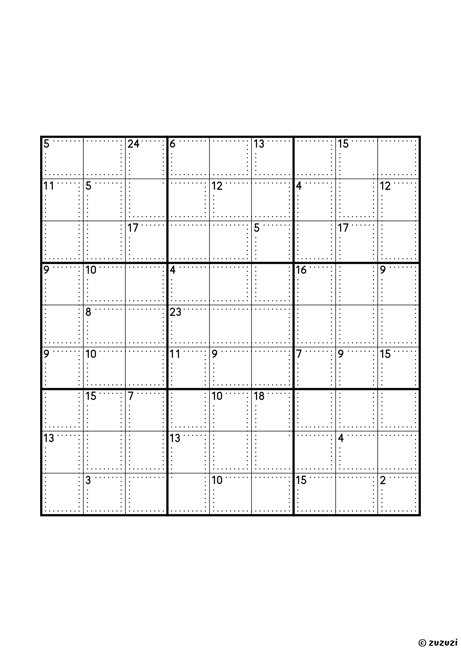 9x9 killer sudoku with thirty-eight cages: two single cells (2 and 3), twenty-nine two-cell cages and seven of three cells, with sums from 2 to 24, that largest one holding 7, 8 and 9. Puzzle 1 of 8.