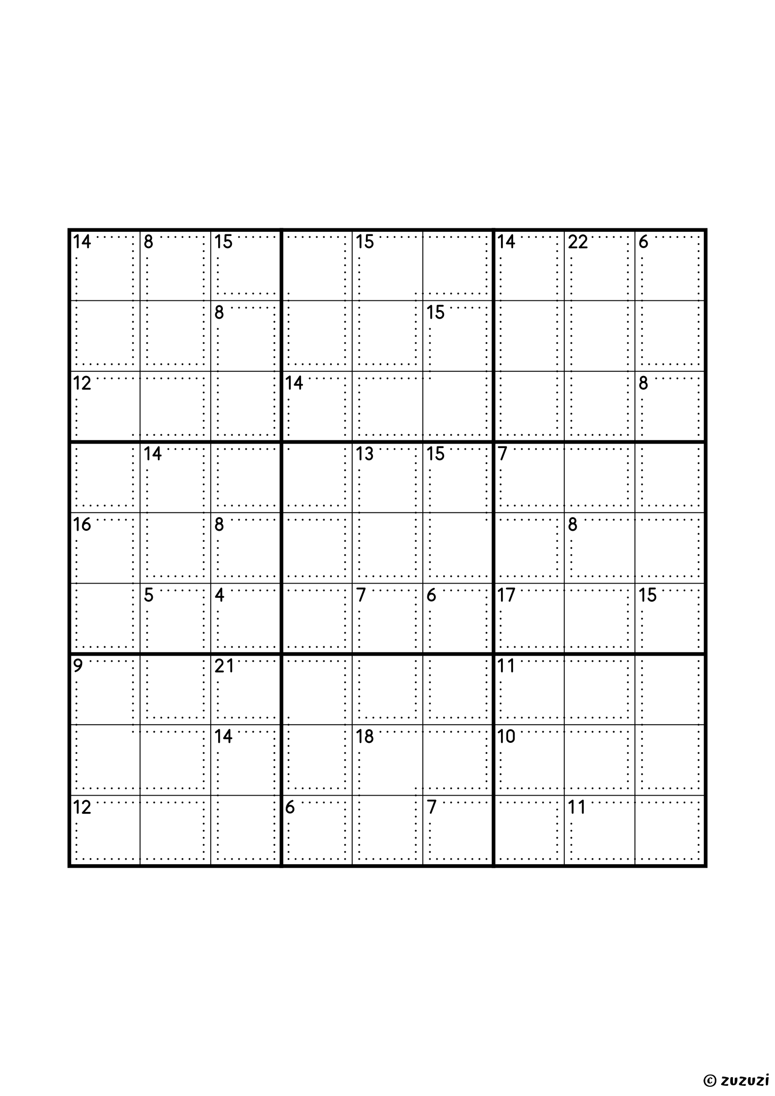 9x9 killer sudoku with thirty-five cages, one of them a single cell of sum 6, twenty-two two-cell cages and twelve of three cells; sums from 4 (1 and 3) to 22. The many three-cell cages make it the slower grid of the set. Puzzle 2 of 8.