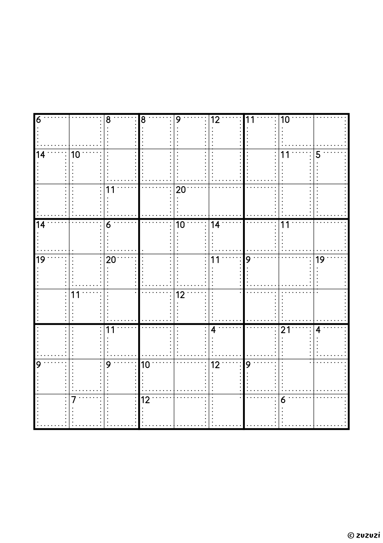 9x9 killer sudoku with thirty-seven cages: three single cells (4, 7 and 9) to start from, twenty-four two-cell cages and ten of three cells, with sums from 4 to 21. Puzzle 3 of 8.