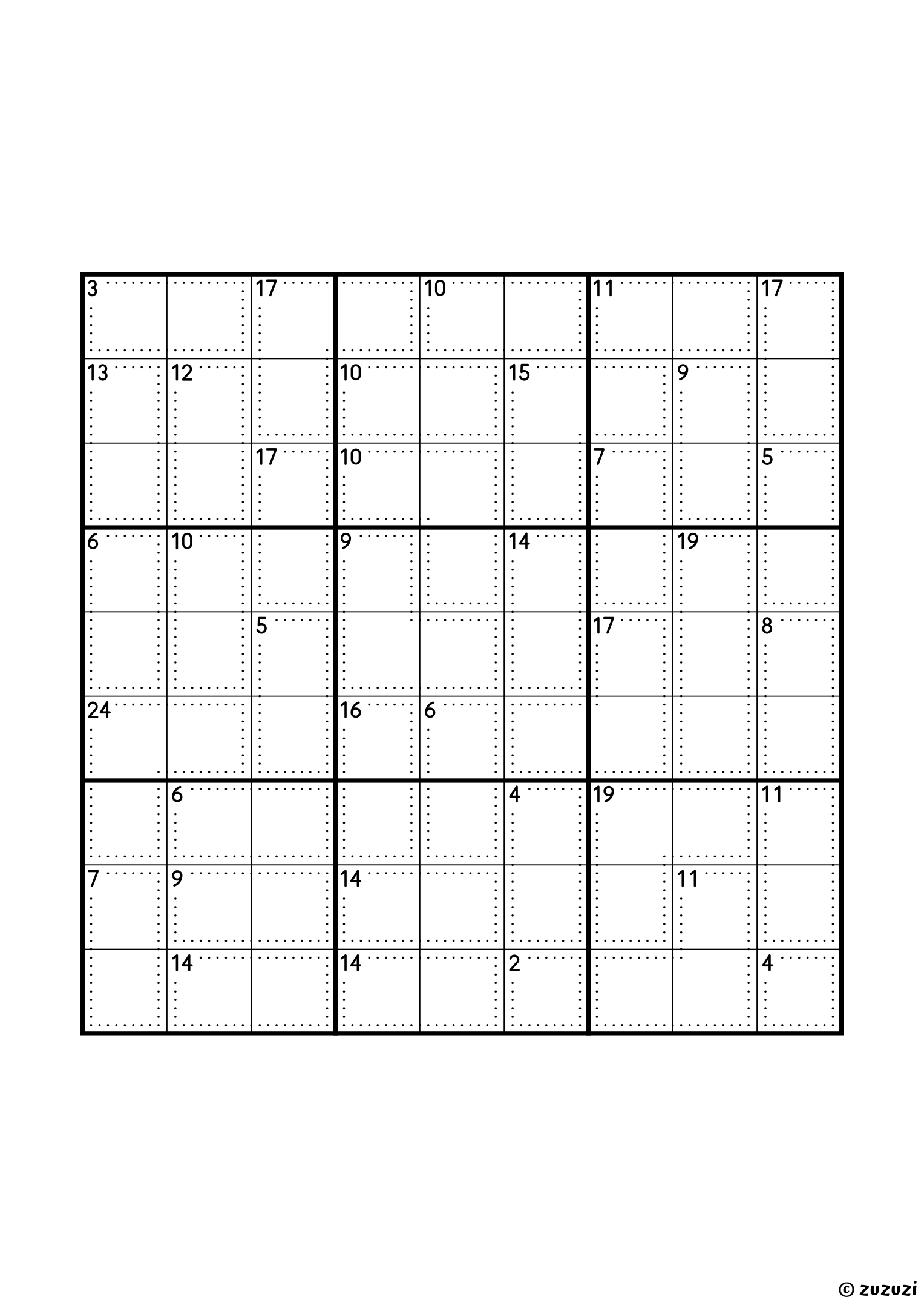 9x9 killer sudoku with thirty-seven cages: two single cells (2 and 4), twenty-six two-cell cages and nine of three cells, with sums from 2 to 24, the 24 being 7, 8 and 9 in some order. Puzzle 4 of 8.