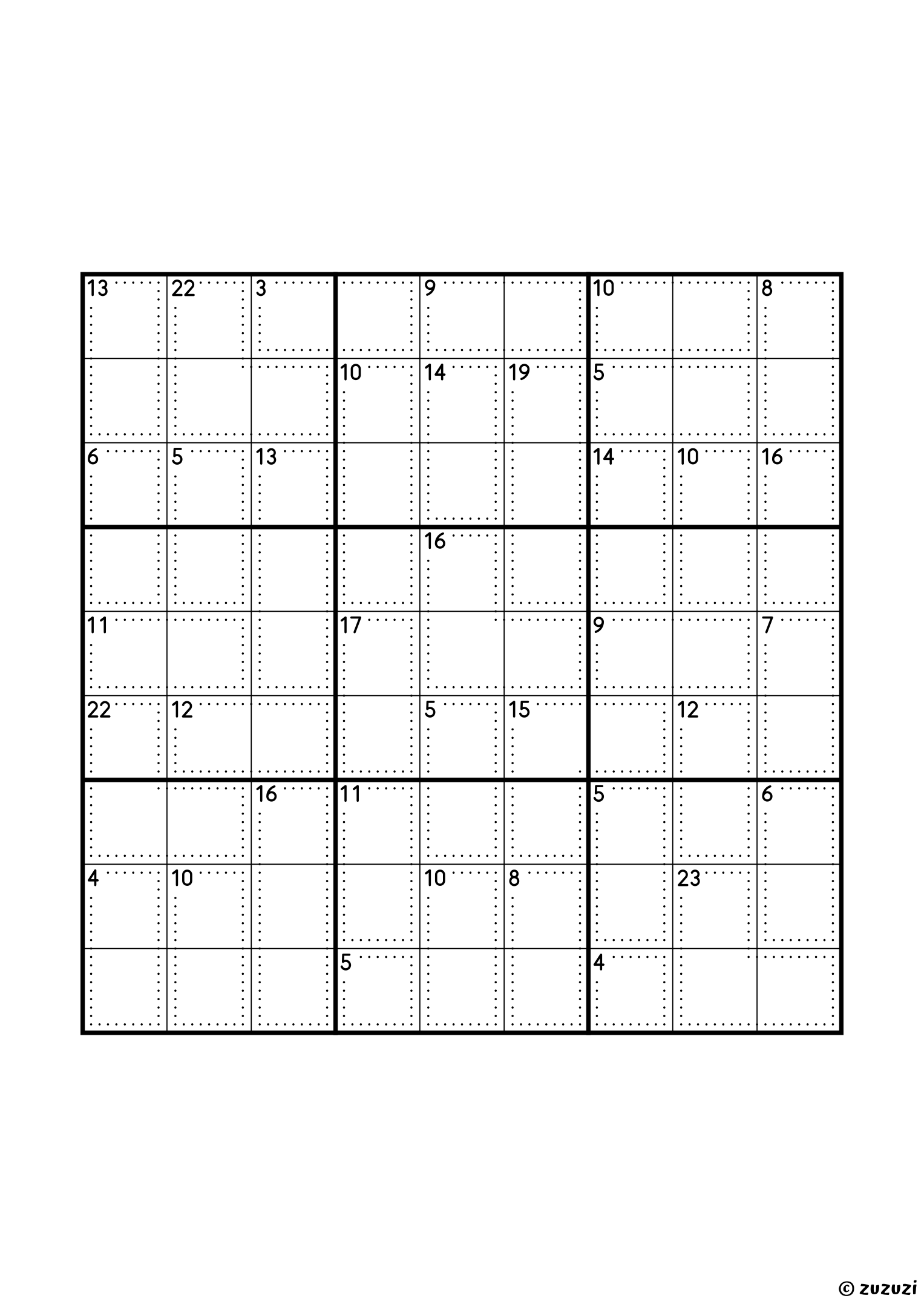 9x9 killer sudoku with thirty-seven cages: two single cells (4 and 5), twenty-six two-cell cages and nine of three cells, with sums from 3, which can only be 1 and 2, to 23. Puzzle 5 of 8.