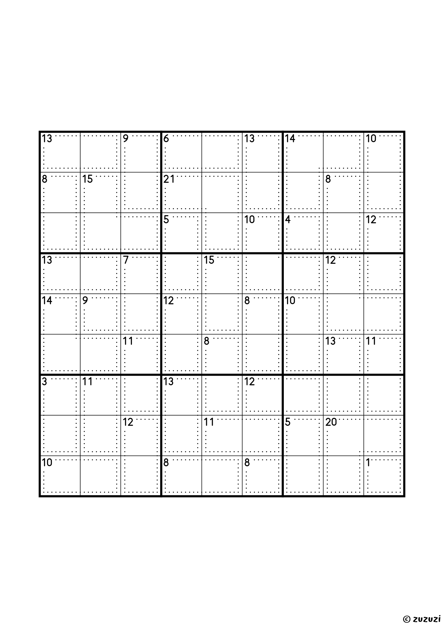 9x9 killer sudoku with thirty-nine cages, four of them single cells (1, 4, 8 and 9) that give four digits at once, twenty-eight two-cell cages and seven of three cells; sums from 1 to 21. The gentlest grid of the set. Puzzle 6 of 8.