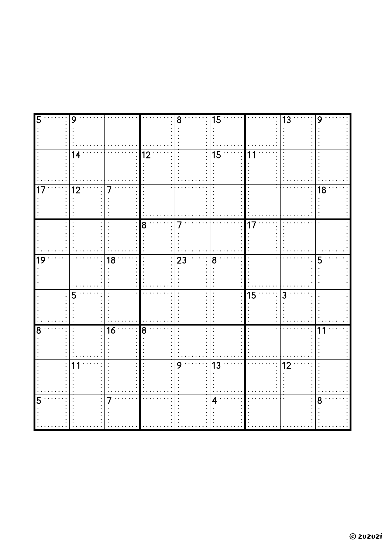 9x9 killer sudoku with thirty-seven cages: four single cells (3, 4, 5 and 8), twenty-two two-cell cages and eleven of three cells, with sums from 3 to 23. Puzzle 7 of 8.