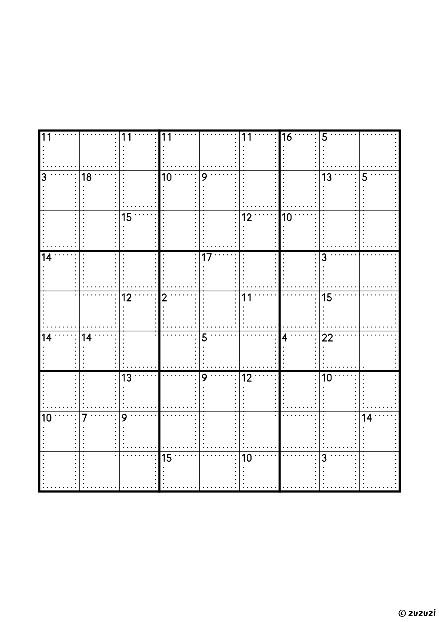 9x9 killer sudoku built almost entirely of pairs: twenty-nine two-cell cages, seven three-cell cages and two single cells (2 and 3), thirty-eight cages in all, with sums from 2 to 22. Puzzle 8 of 8.