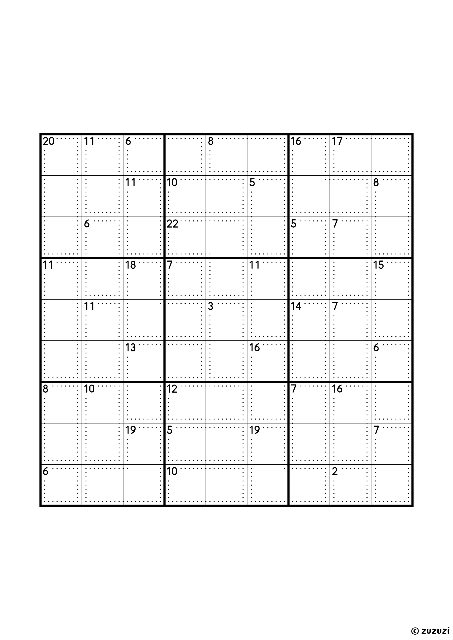 Classic 9x9 killer sudoku with no given numbers, only dotted cages and their sums. Digits 1 to 9, one solution. Variant 1.
