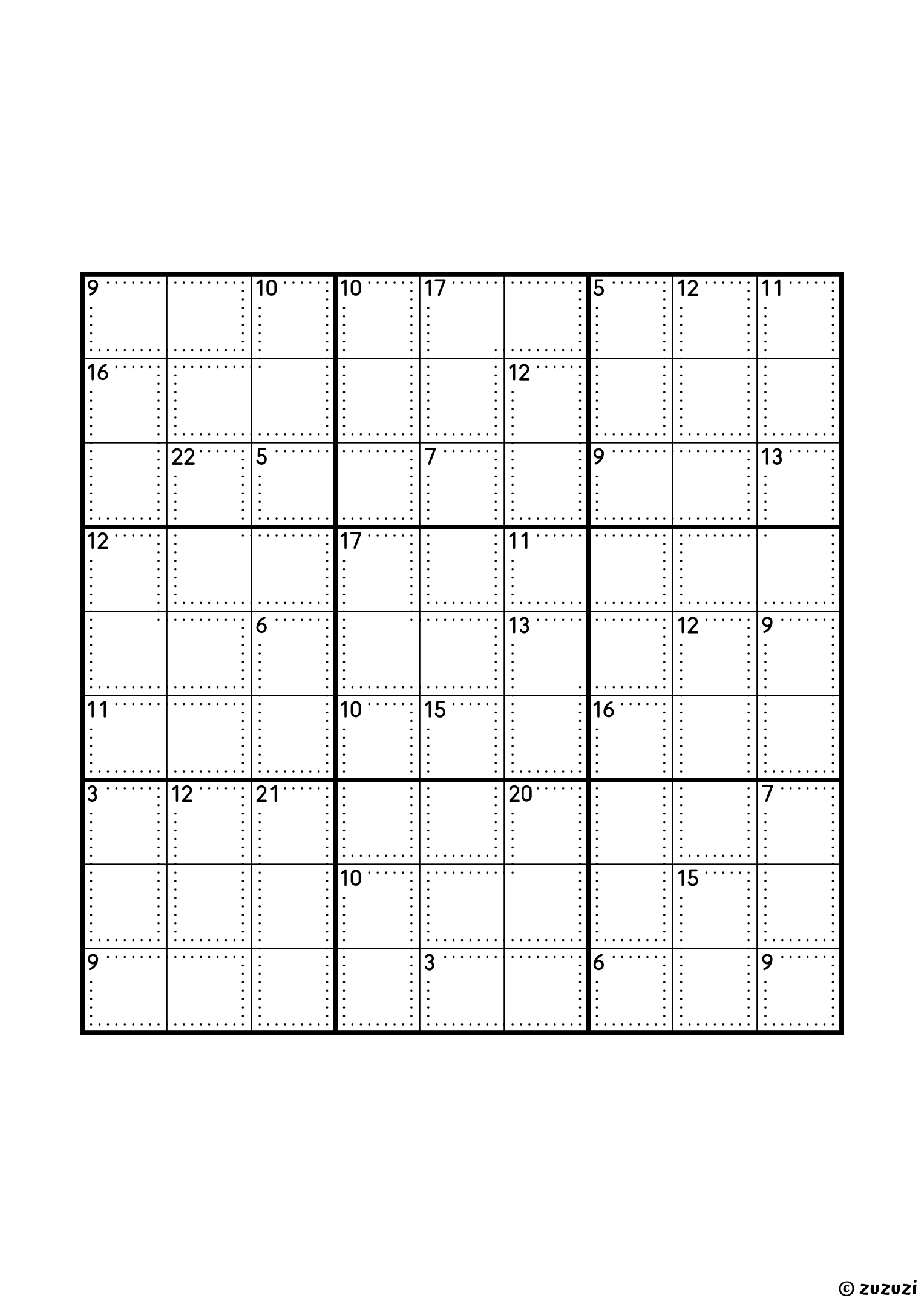 Classic 9x9 killer sudoku with no given numbers, only dotted cages and their sums. Digits 1 to 9, one solution. Variant 2.