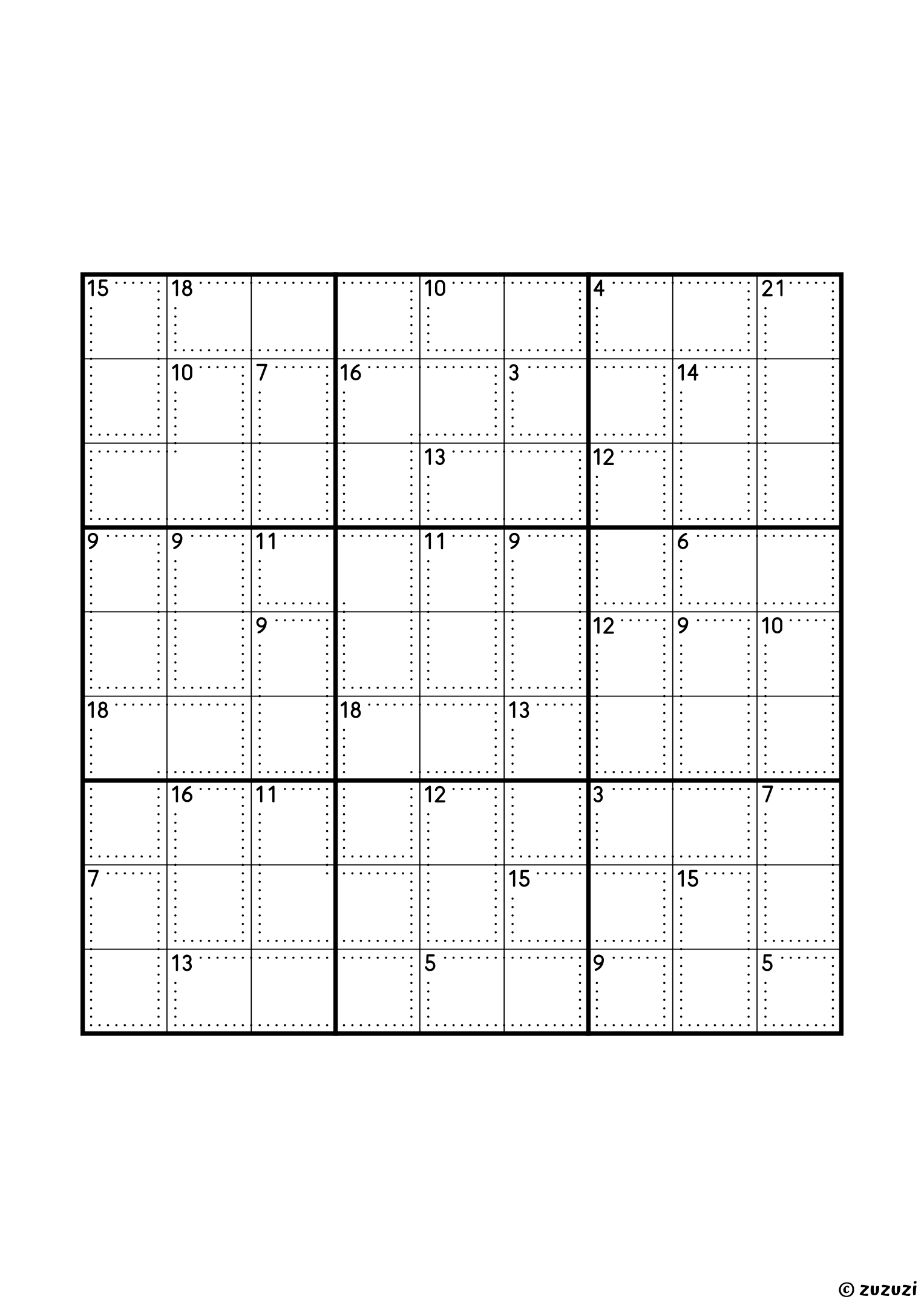 Classic 9x9 killer sudoku with no given numbers, only dotted cages and their sums. Digits 1 to 9, one solution. Variant 3.