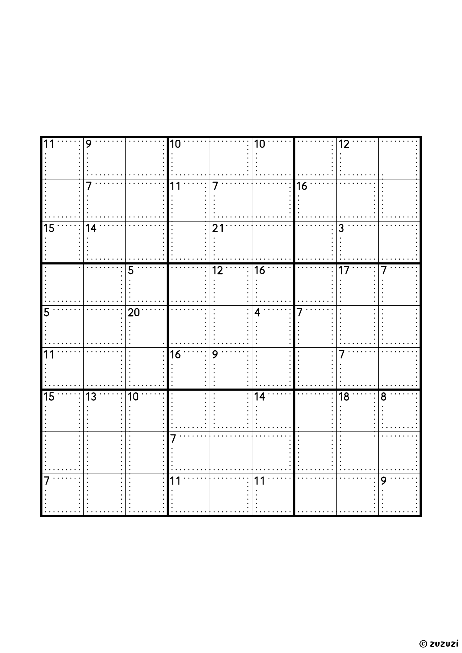 Classic 9x9 killer sudoku with no given numbers, only dotted cages and their sums. Digits 1 to 9, one solution. Variant 4.