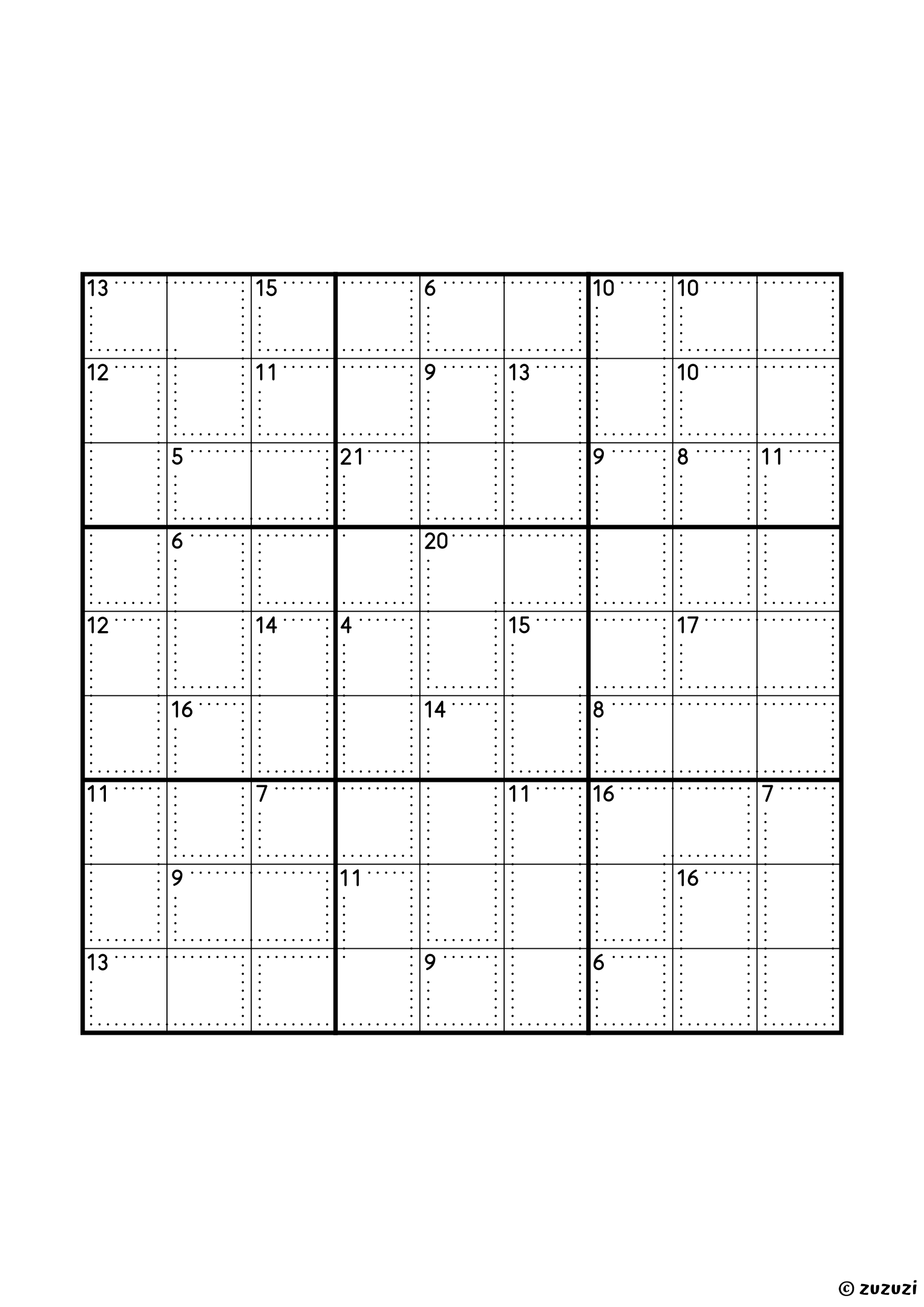 Classic 9x9 killer sudoku with no given numbers, only dotted cages and their sums. Digits 1 to 9, one solution. Variant 5.