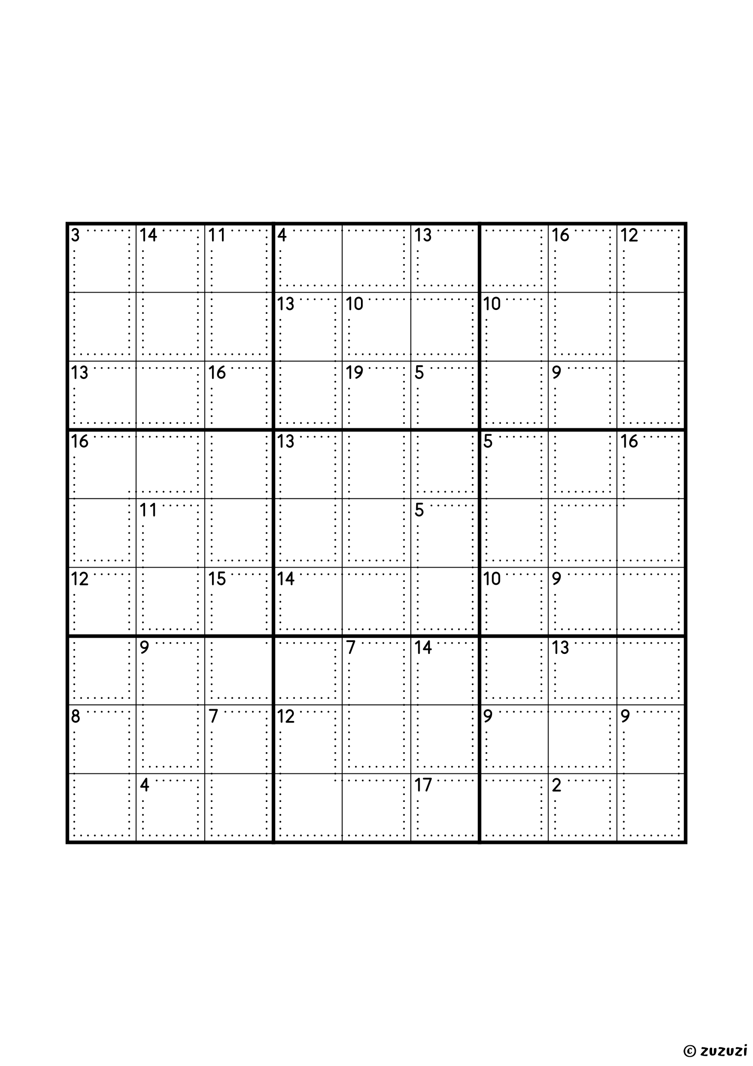 Classic 9x9 killer sudoku with no given numbers, only dotted cages and their sums. Digits 1 to 9, one solution. Variant 6.