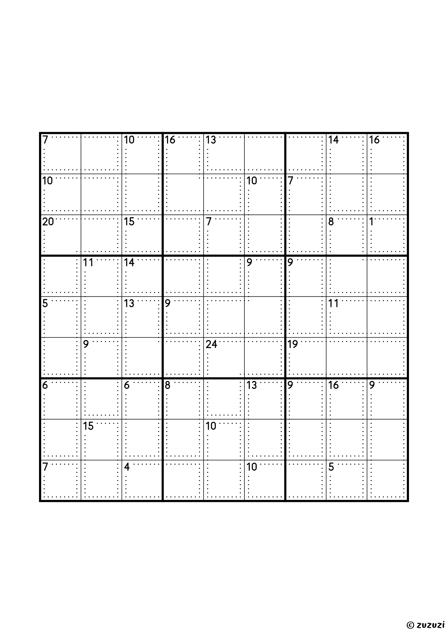 Classic 9x9 killer sudoku with no given numbers, only dotted cages and their sums. Digits 1 to 9, one solution. Variant 7.