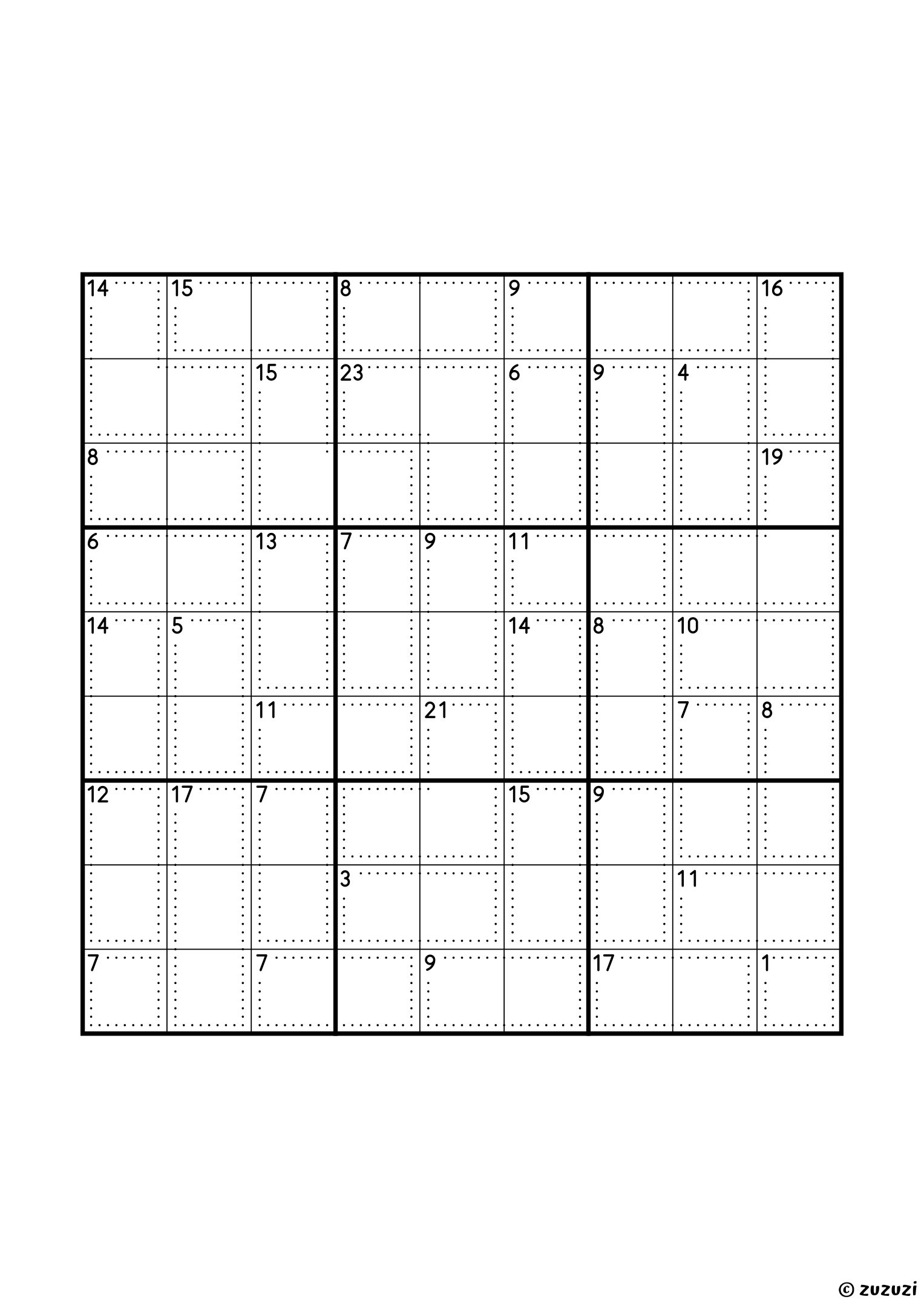 Classic 9x9 killer sudoku with no given numbers, only dotted cages and their sums. Digits 1 to 9, one solution. Variant 8.
