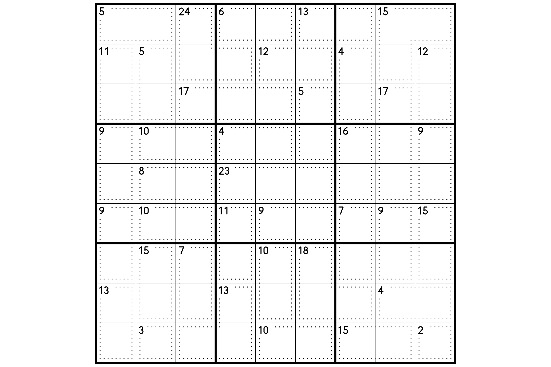 A 9x9 killer sudoku grid with dotted cages and their sums, and no given numbers, in black and white.