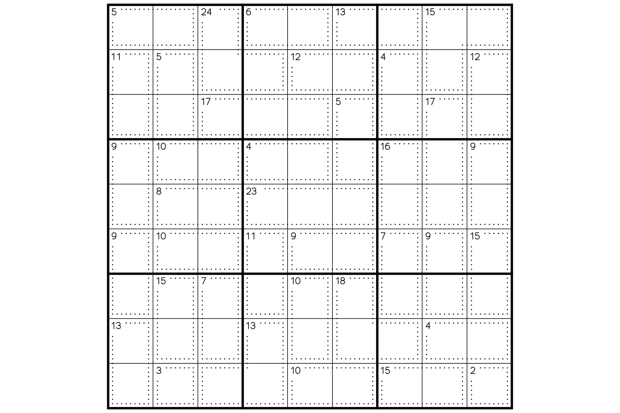 A 9x9 killer sudoku grid with dotted cages and their sums, and no given numbers, in black and white.