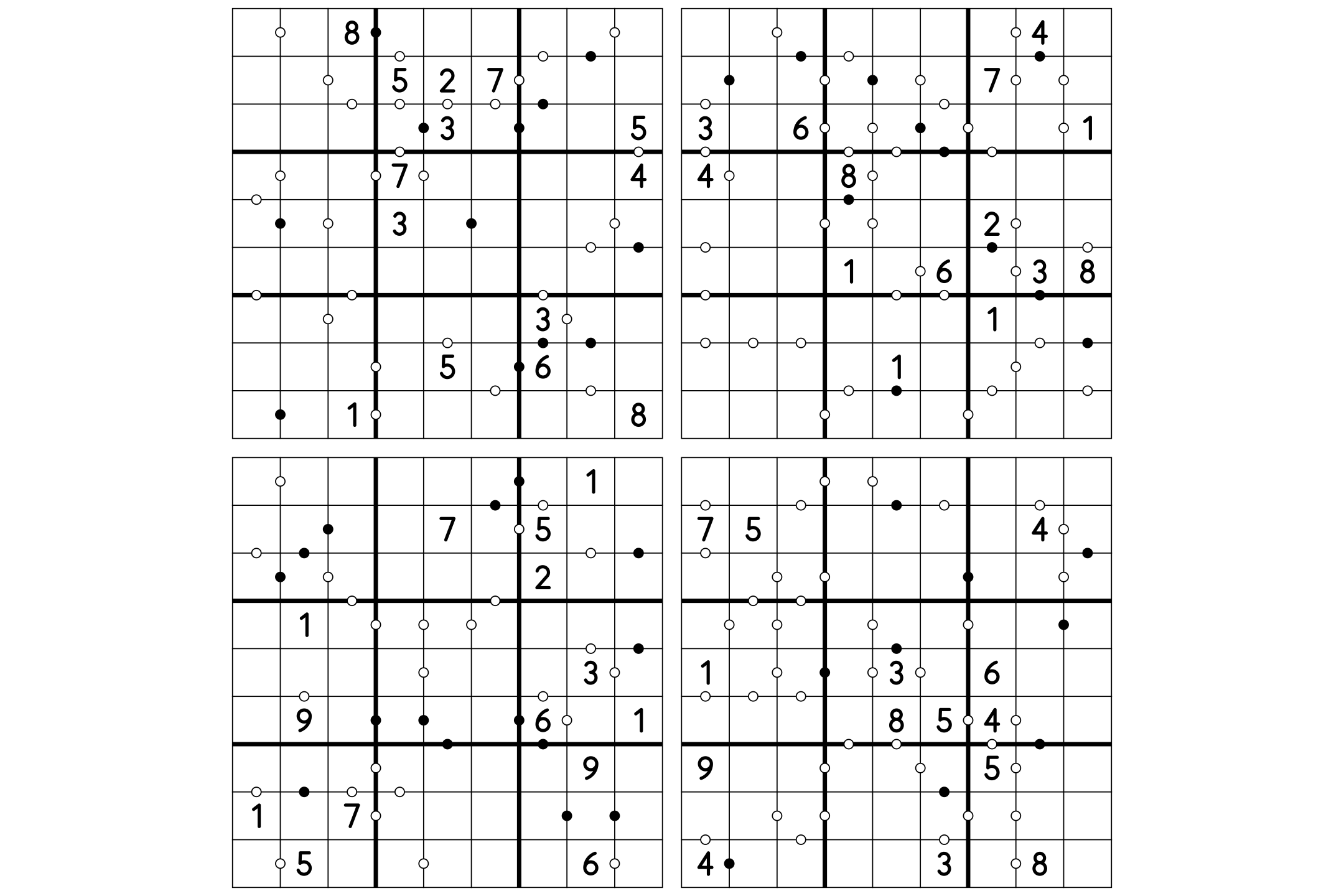 Four compact 9x9 Kropki grids on one sheet, with dots on the lines between cells.