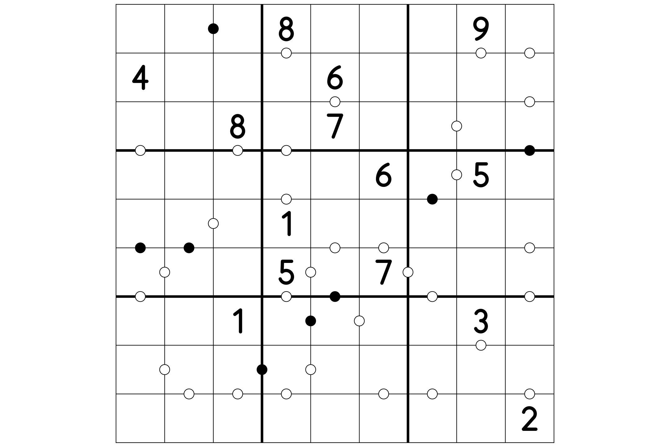 A full 9x9 Kropki grid with three-by-three boxes and dots between neighboring cells.