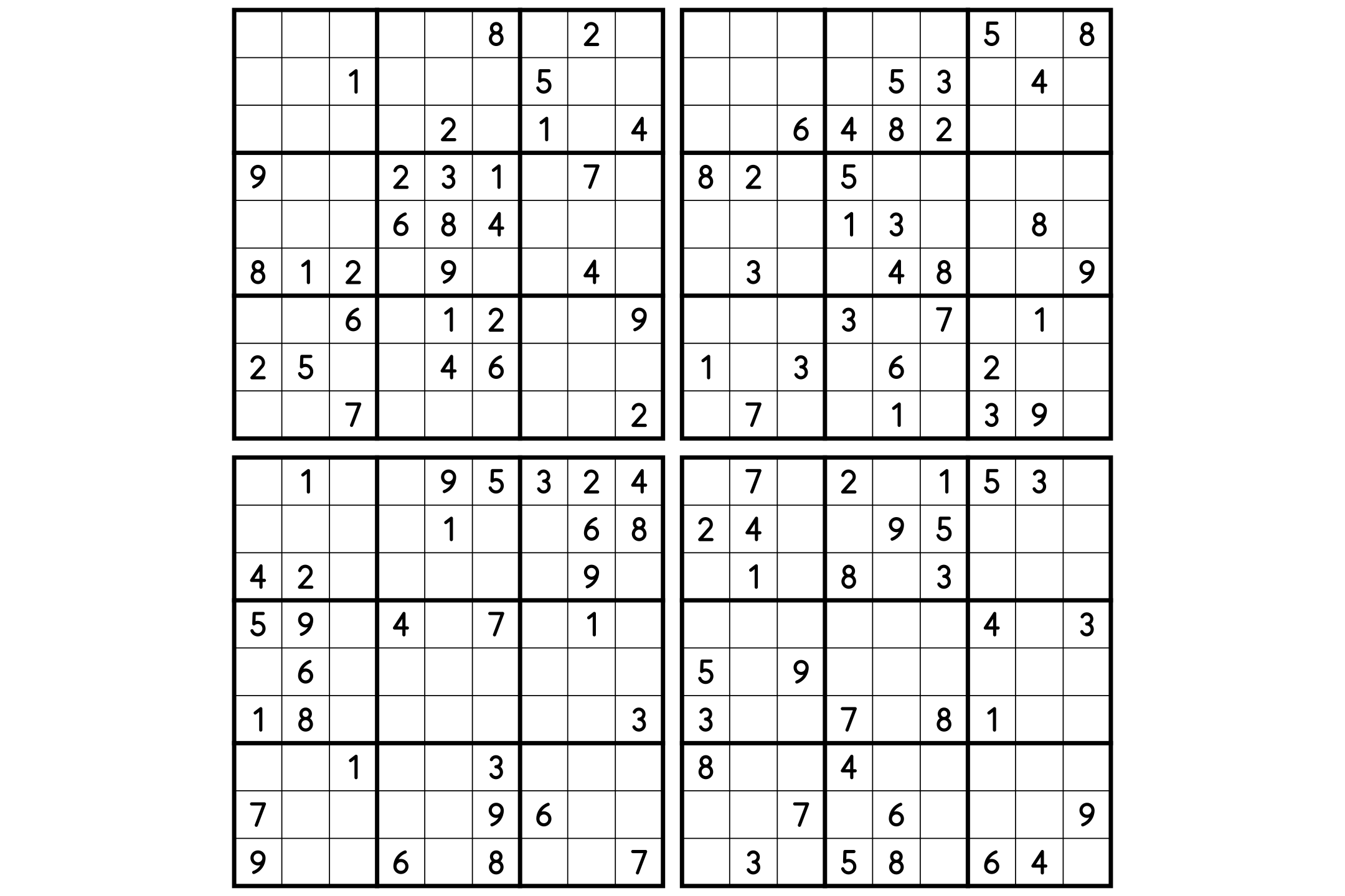 Four medium 9x9 sudoku puzzles on one page, printed in black and white.