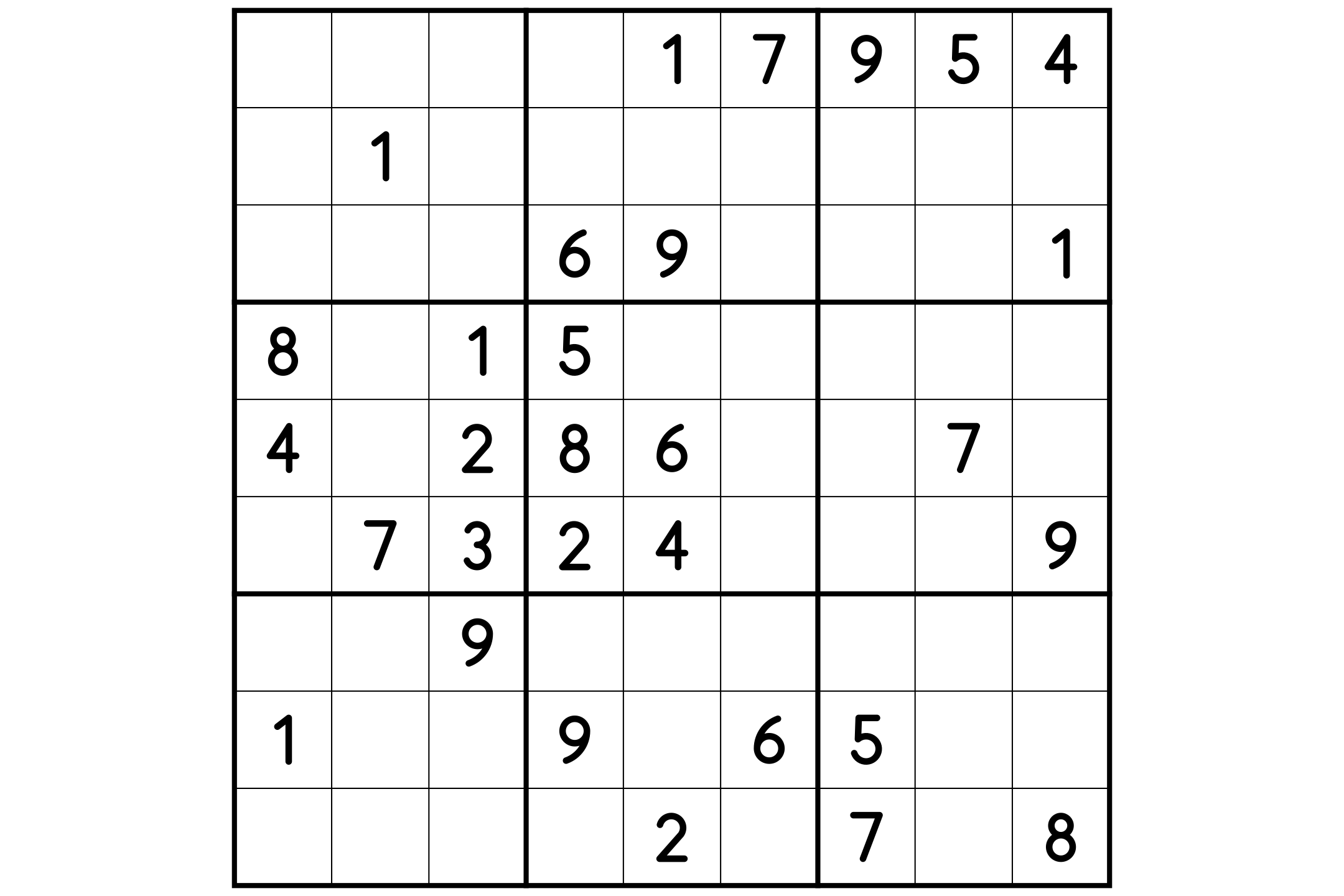 A medium 9x9 sudoku puzzle with some digits already in place, printed in black and white.