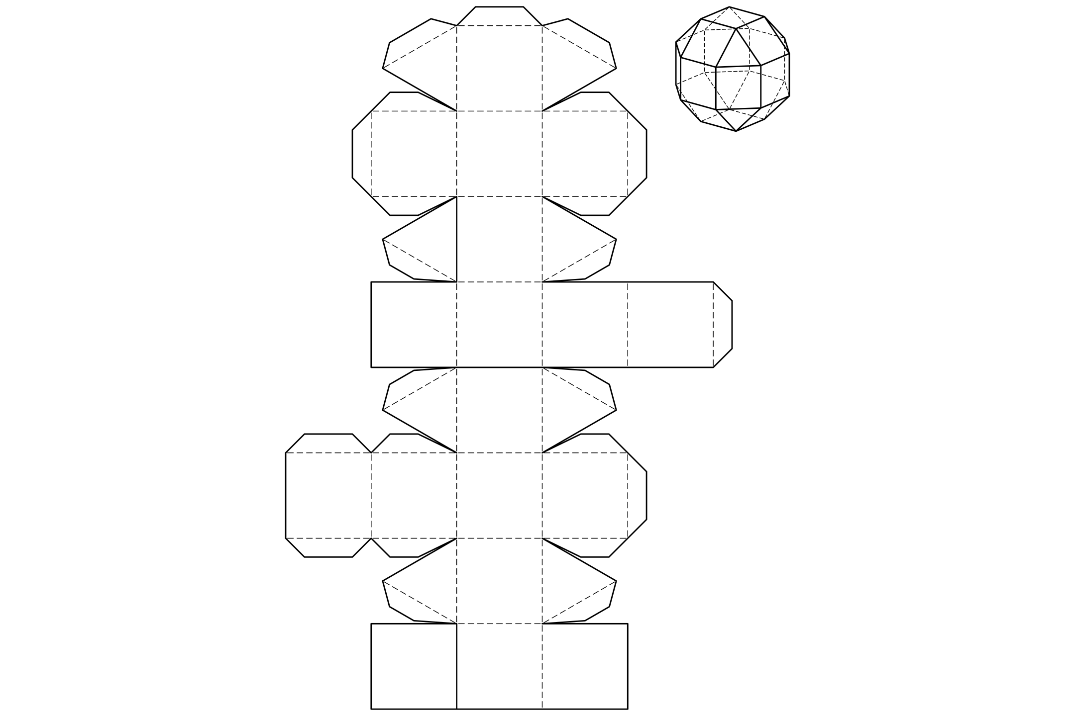 The net of a rhombicuboctahedron, eighteen squares and eight triangles, and a small view of the finished solid.