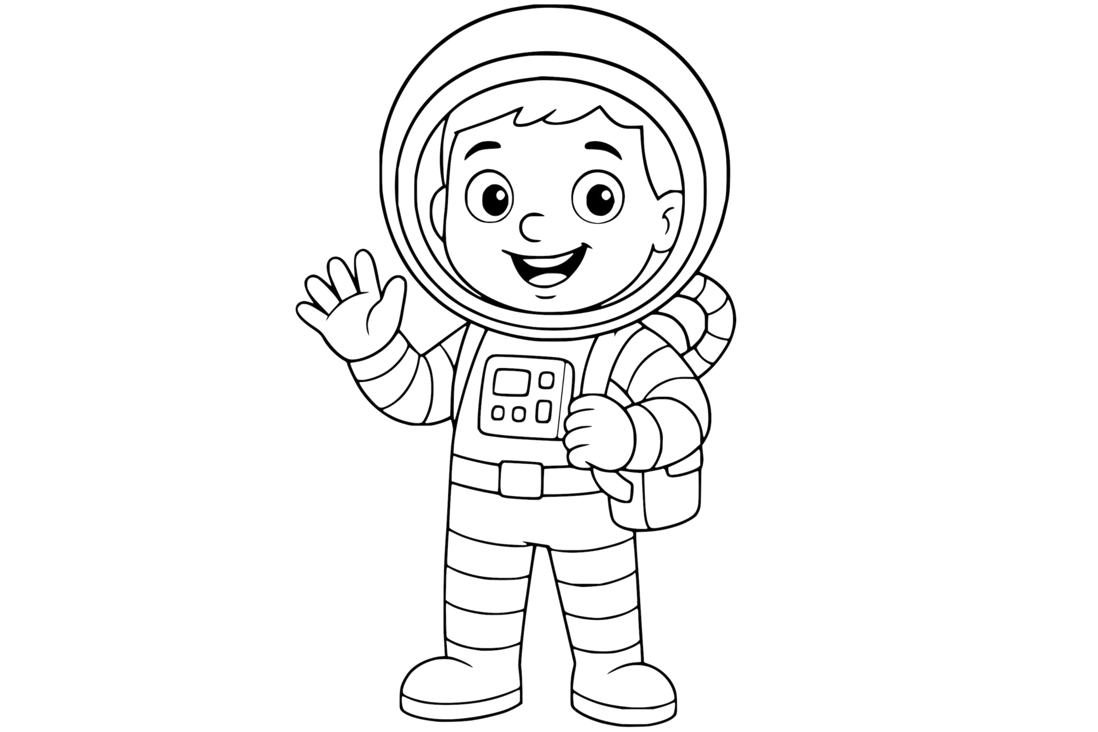 Astronaut in a space suit, waving with one hand and wearing a helmet with visible control panel and oxygen pack.