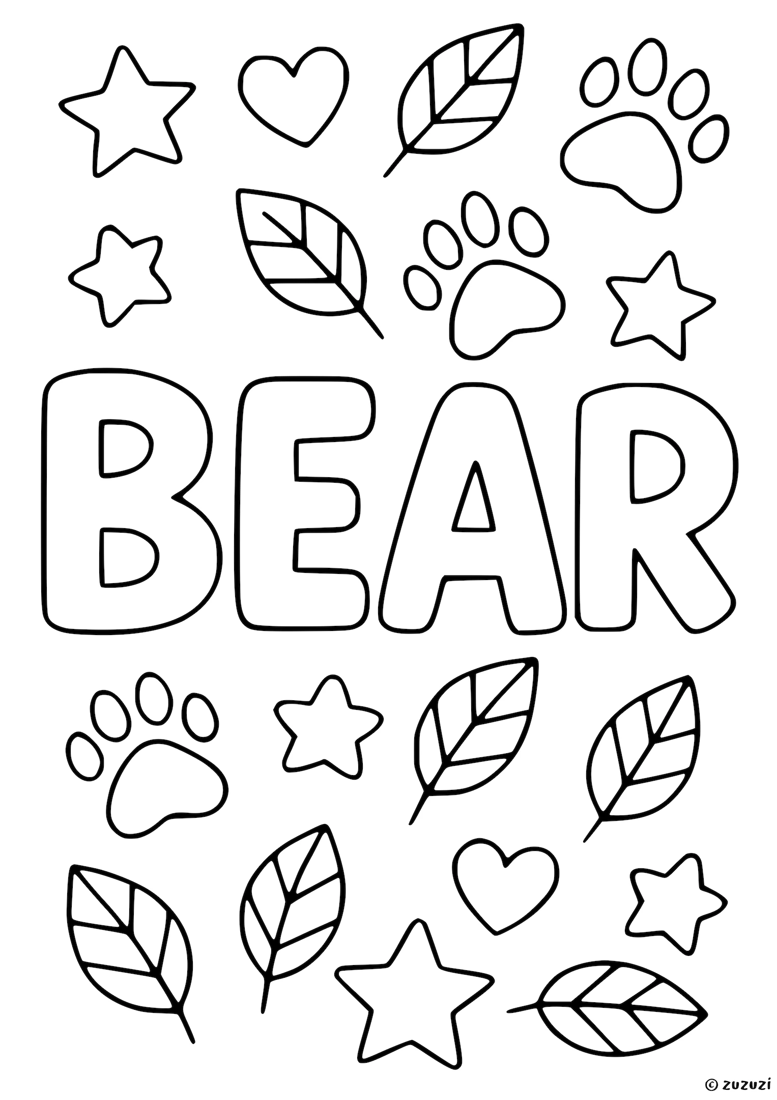 Coloring page of the word Bear in large bubble letters surrounded by stars, hearts, paw prints, and leaves.