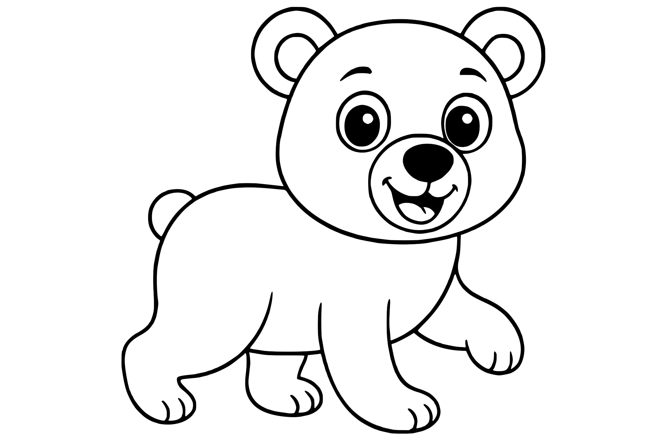 Bear cub walking with big eyes, round ears, a small tail, and four paws.