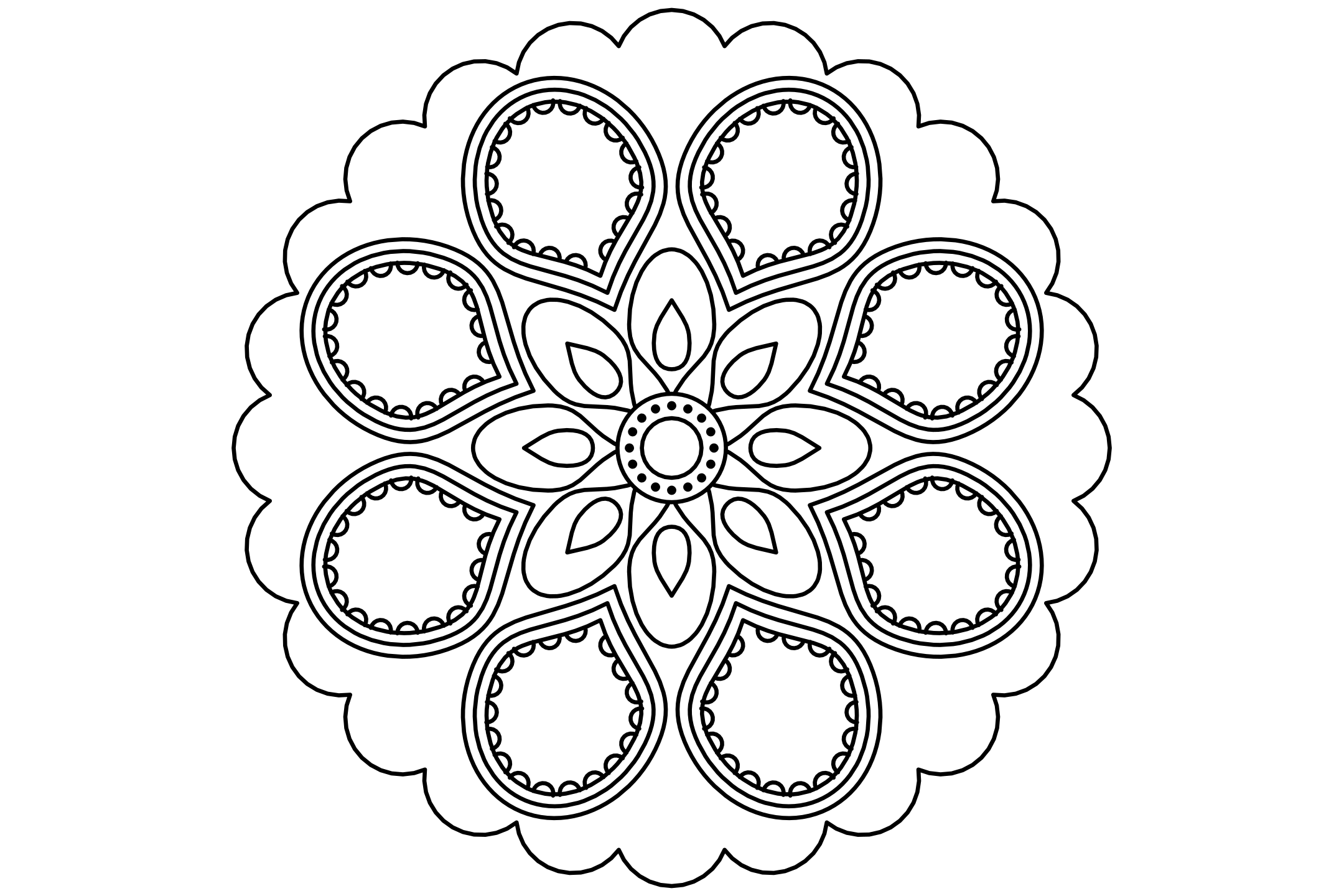 A rich blossom mandala to color with eight round petals and stamens, ogee petals behind and a ring of diamonds, drawn with one thin line.