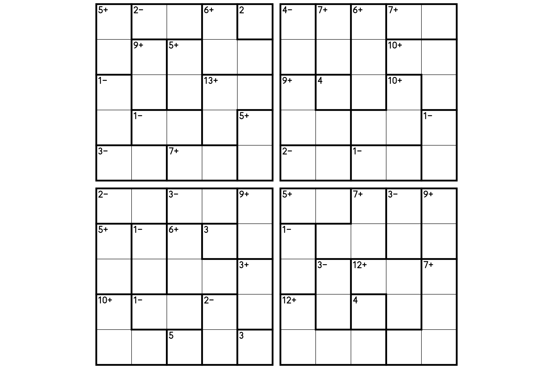 Four 5x5 calcudoku grids with thick cage outlines and operation signs on one page, in black and white.