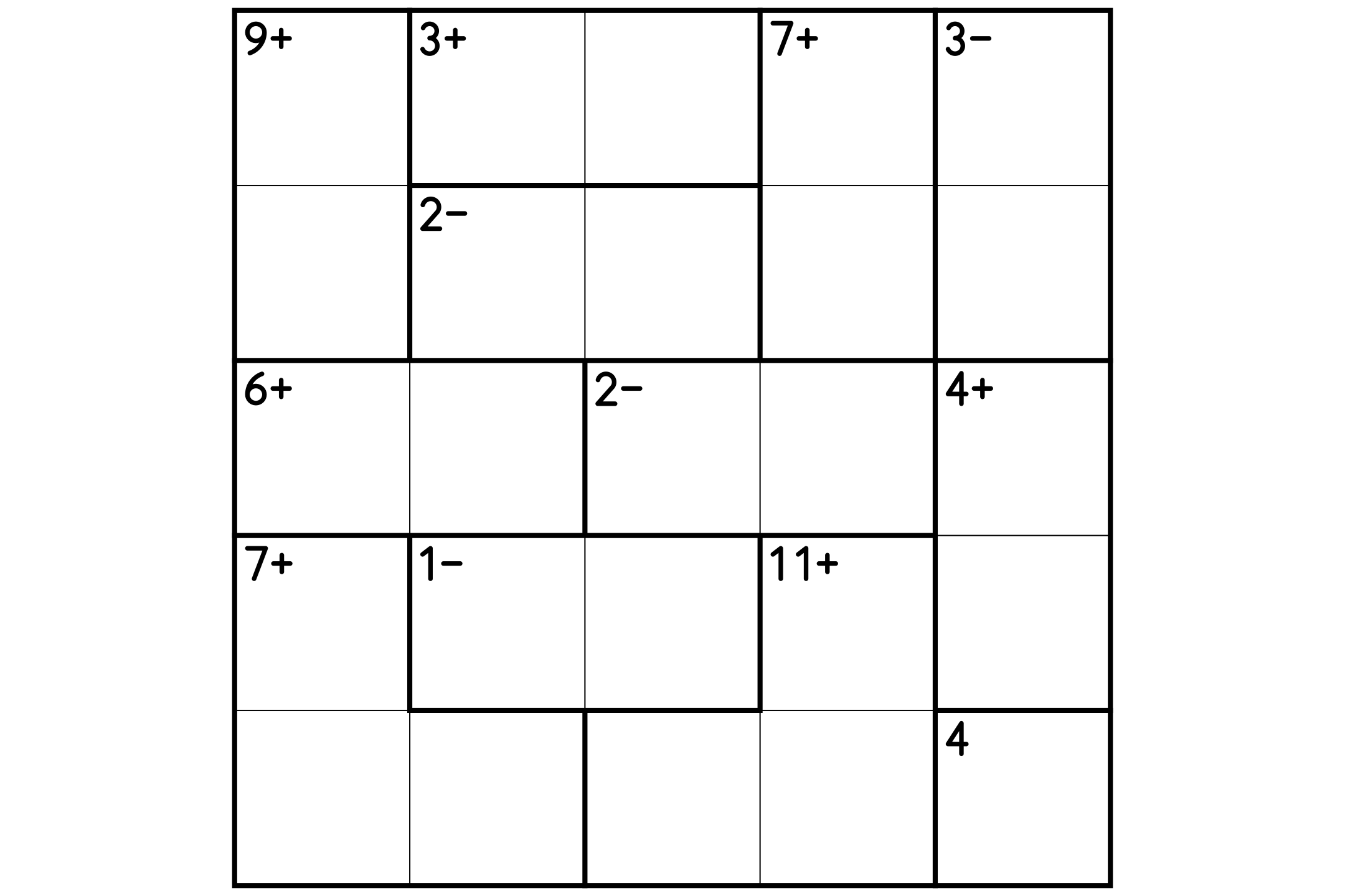 A 5x5 calcudoku puzzle with thick cage outlines, each with its target number and operation sign, printed in black and white.