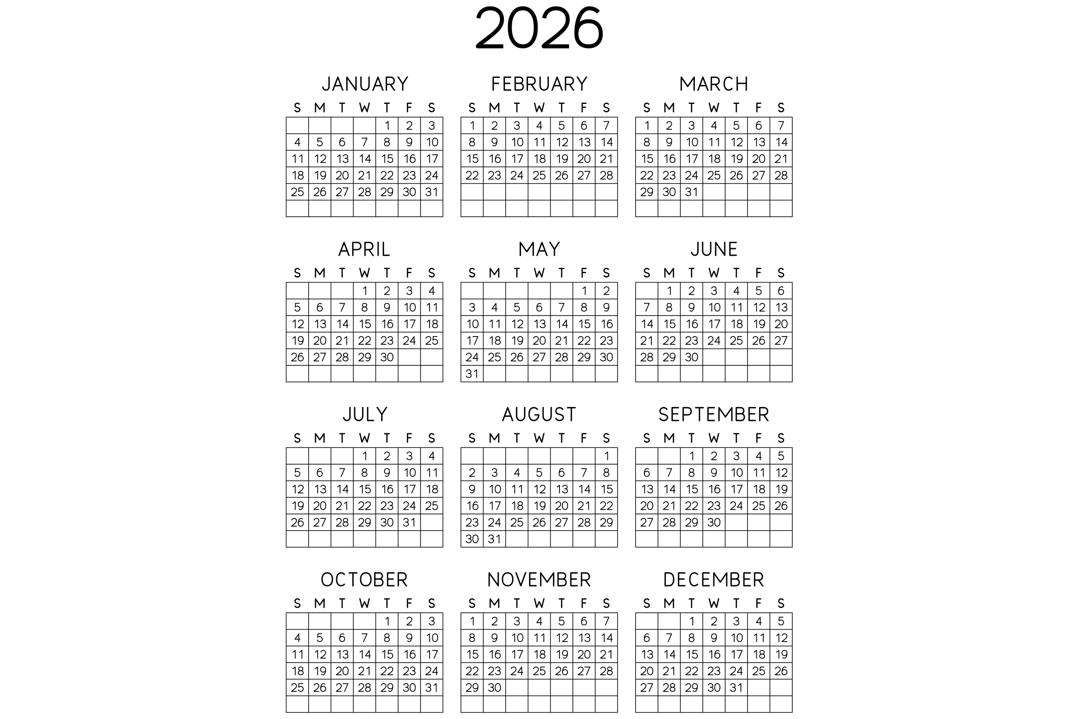 A printable year calendar showing the twelve months on one page in a grid of day cells.