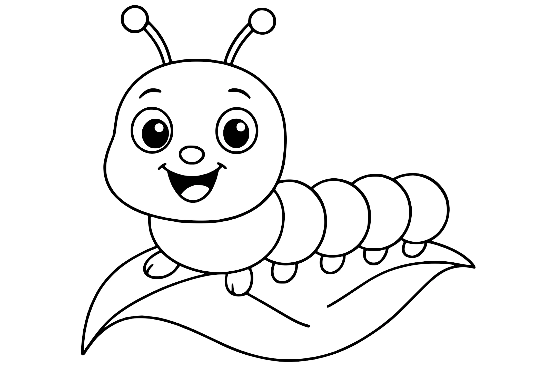 Caterpillar with big eyes, six legs, antennae, and a wide smile, sitting on a large leaf.