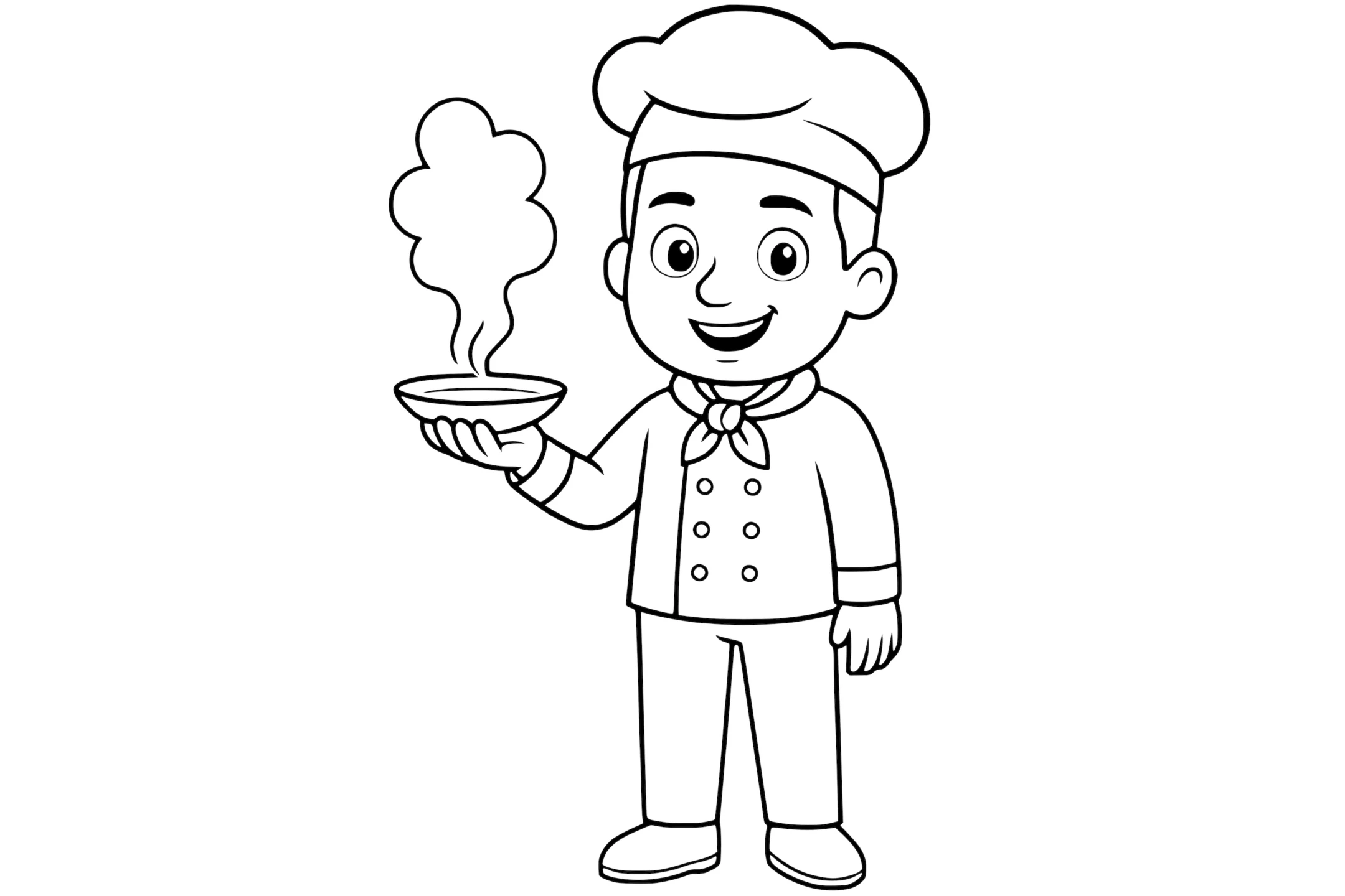 Chef in uniform with a neckerchief and tall hat, holding a steaming bowl of food in one hand.
