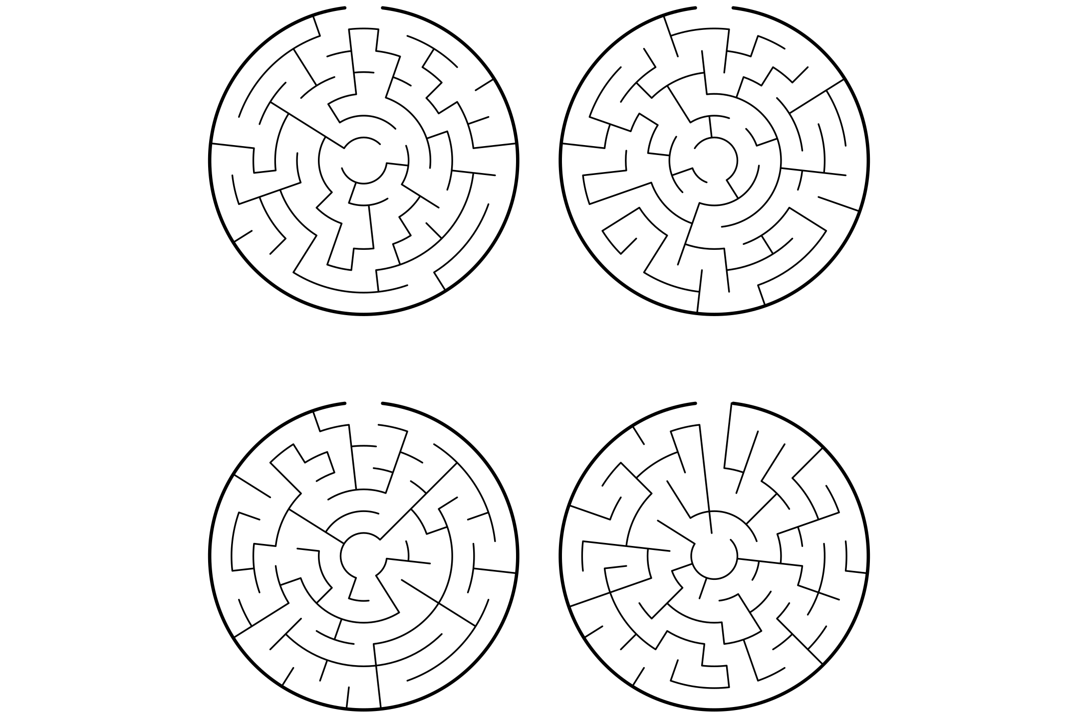 Four circular mazes in black and white on one page, with concentric rings.