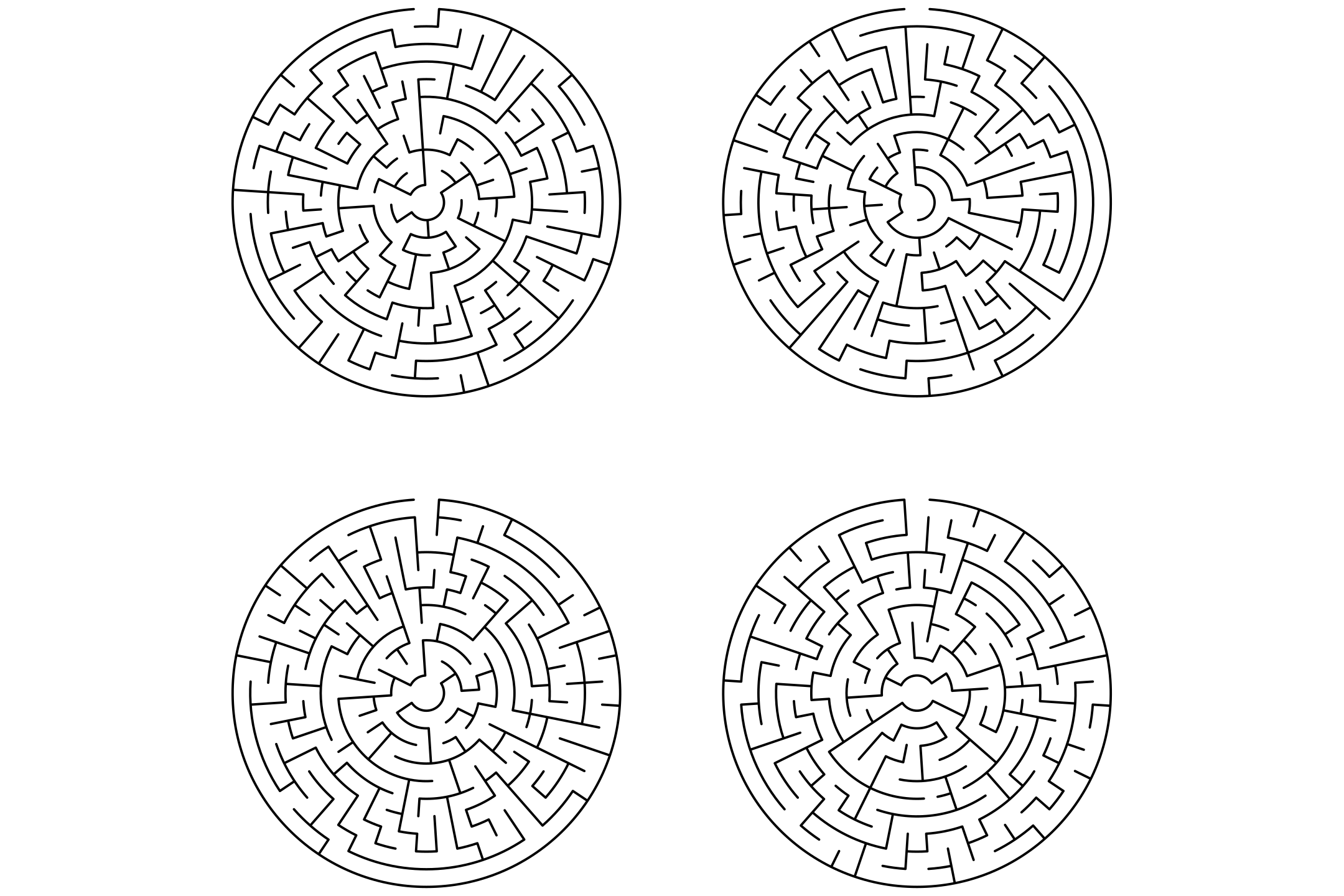 Four circular mazes in black and white on one page, with concentric rings.