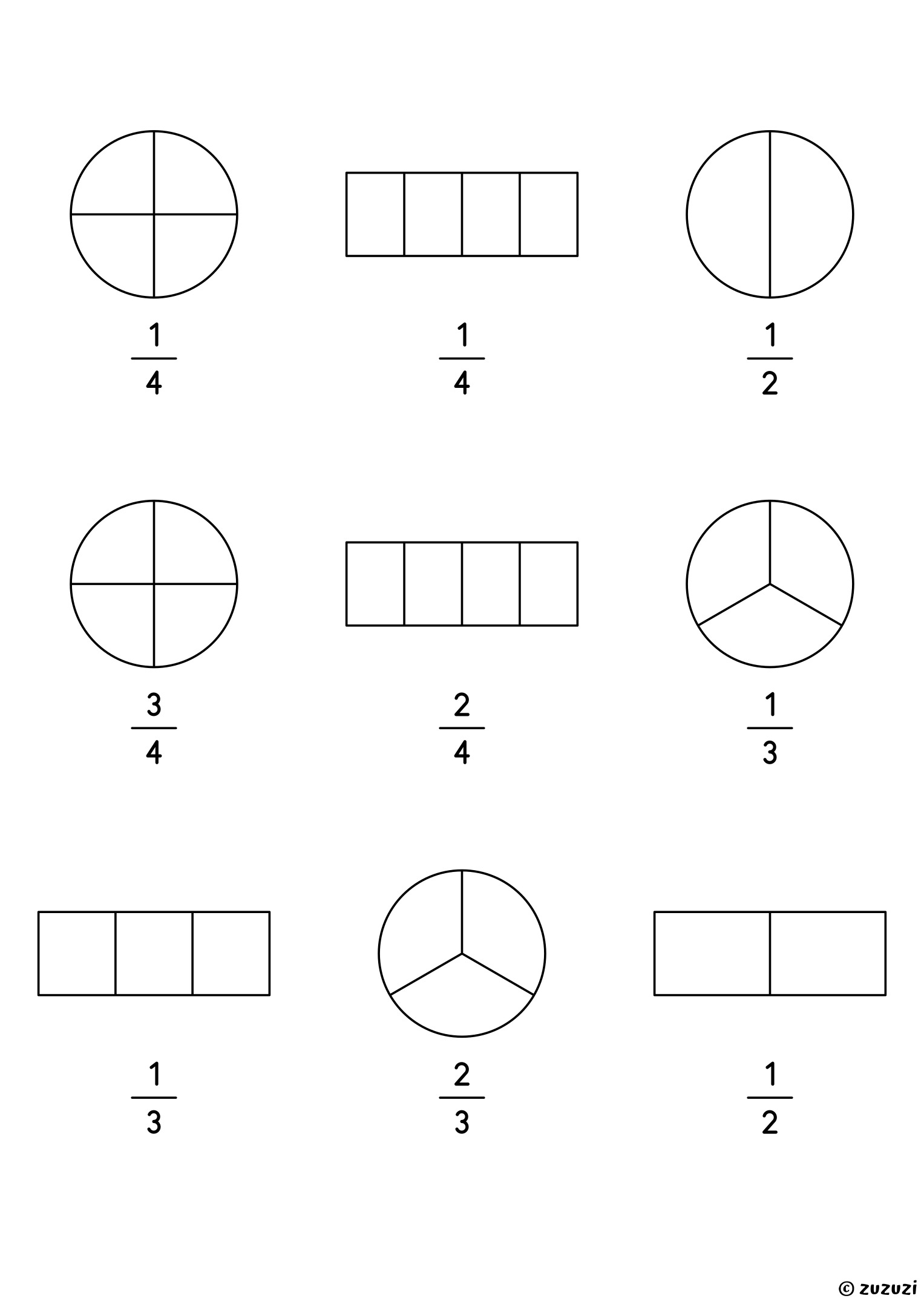 Worksheet with nine circles and bars divided into equal parts, each with a fraction written under it for children to color: halves, thirds, and quarters.