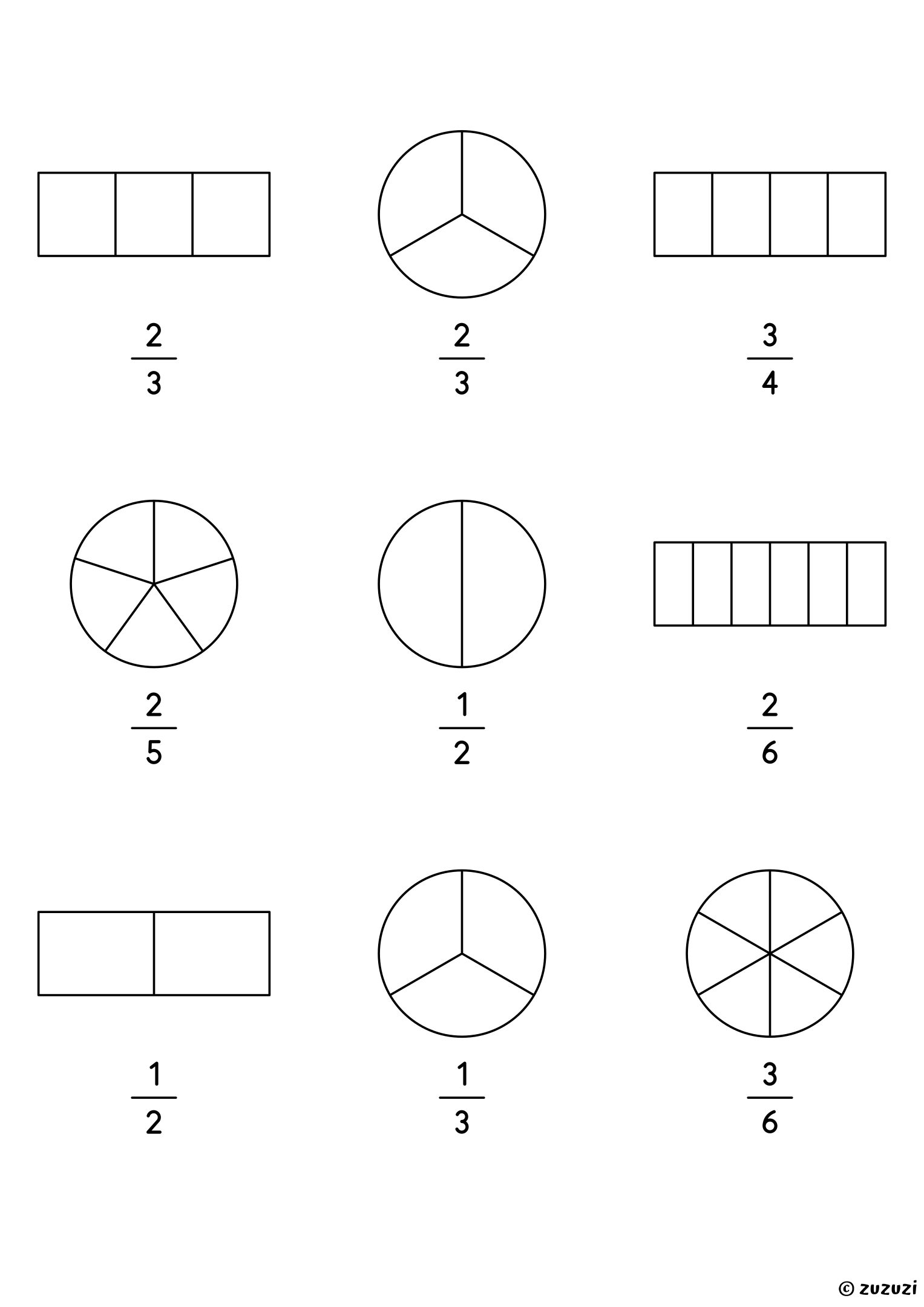 Worksheet with nine circles and bars divided into equal parts, each with a fraction written under it for children to color: fractions up to sixths.