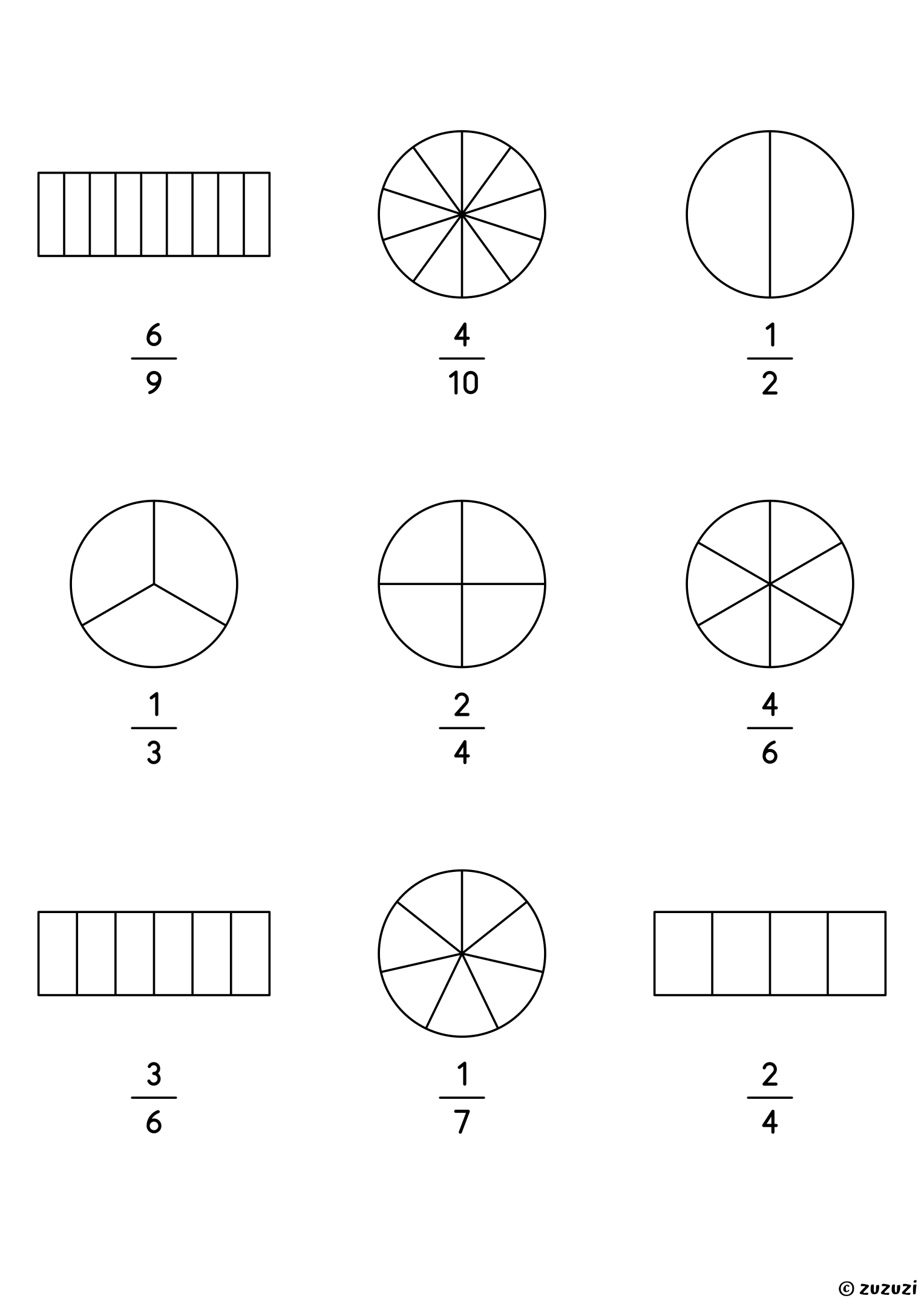 Worksheet with nine circles and bars divided into equal parts, each with a fraction written under it for children to color: fractions up to tenths.