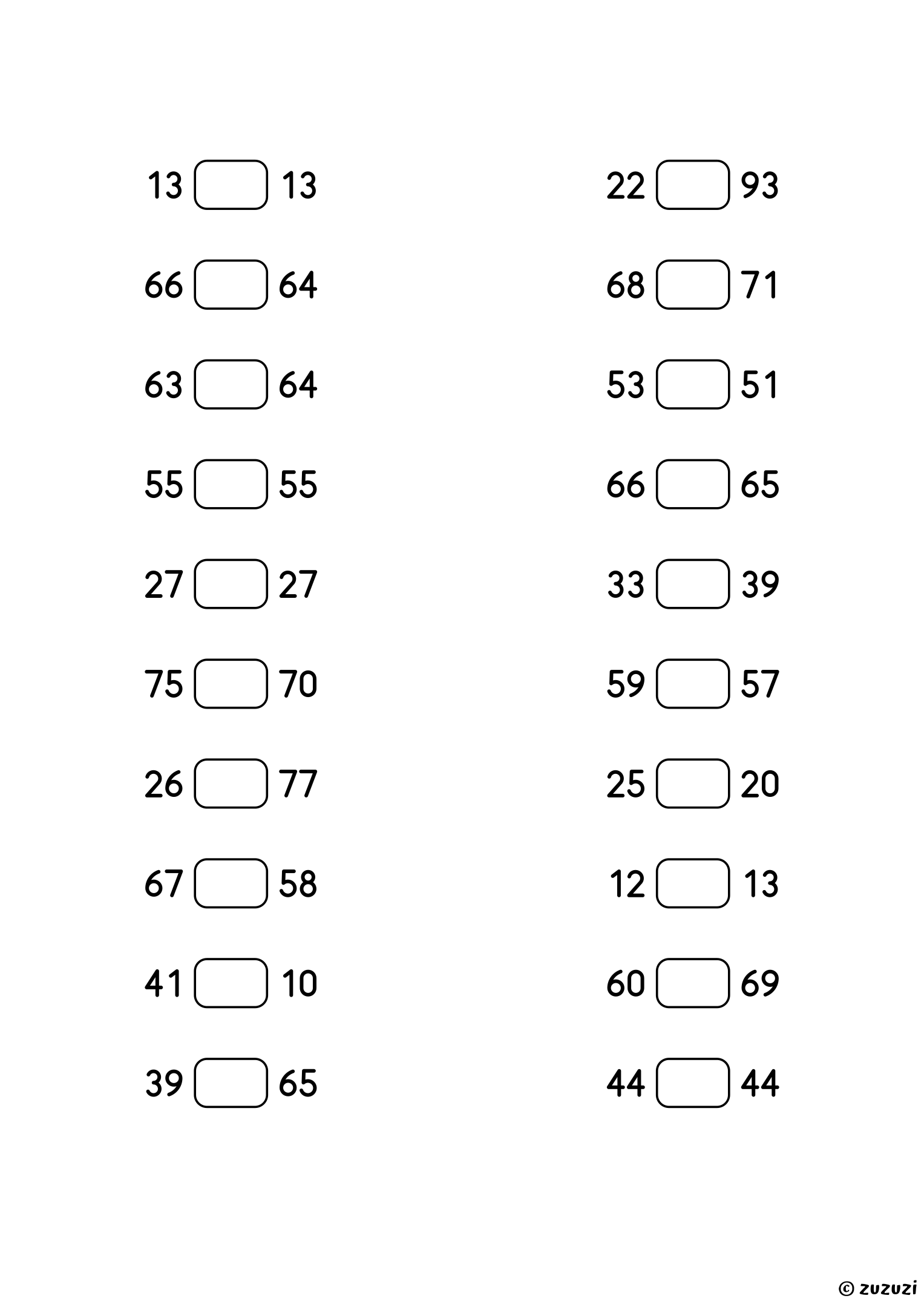 Worksheet with twenty pairs of 2-digit numbers and a rounded rectangle between each pair, where children write the less than, greater than, or equal sign.