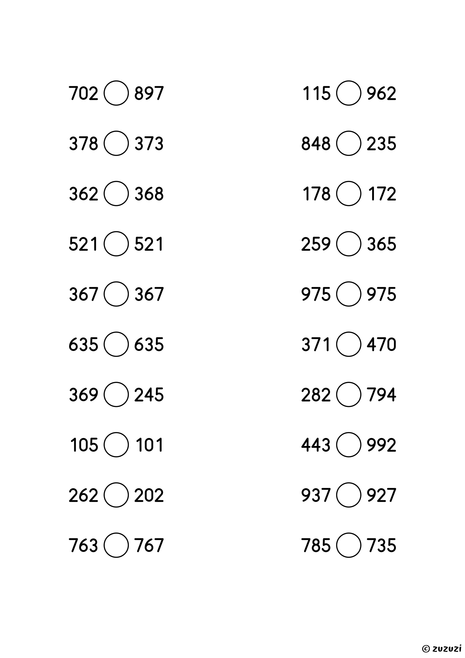 Worksheet with twenty pairs of 3-digit numbers and a circle between each pair, where children write the less than, greater than, or equal sign.