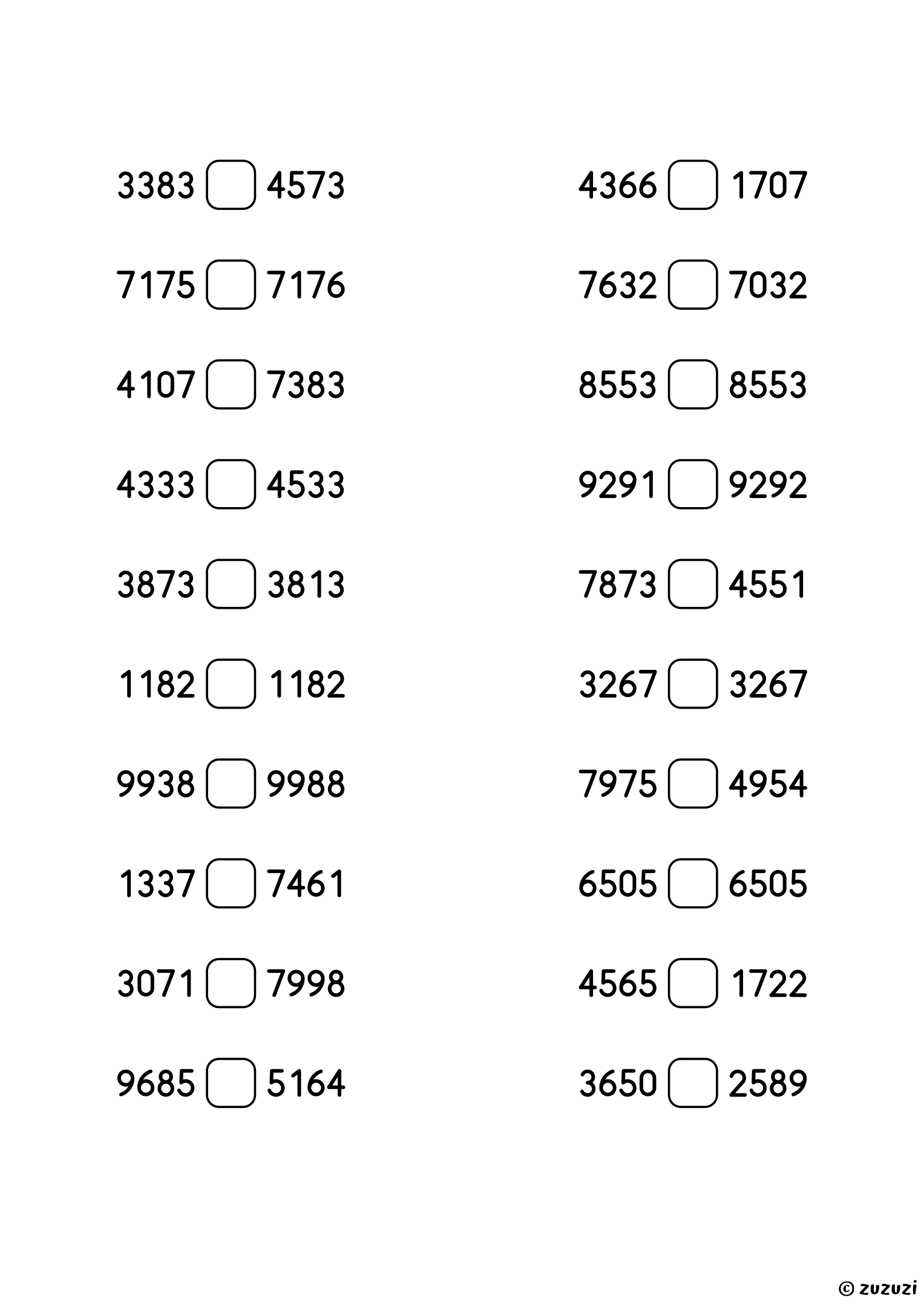 Worksheet with twenty pairs of 4-digit numbers and a rounded square between each pair, where children write the less than, greater than, or equal sign.